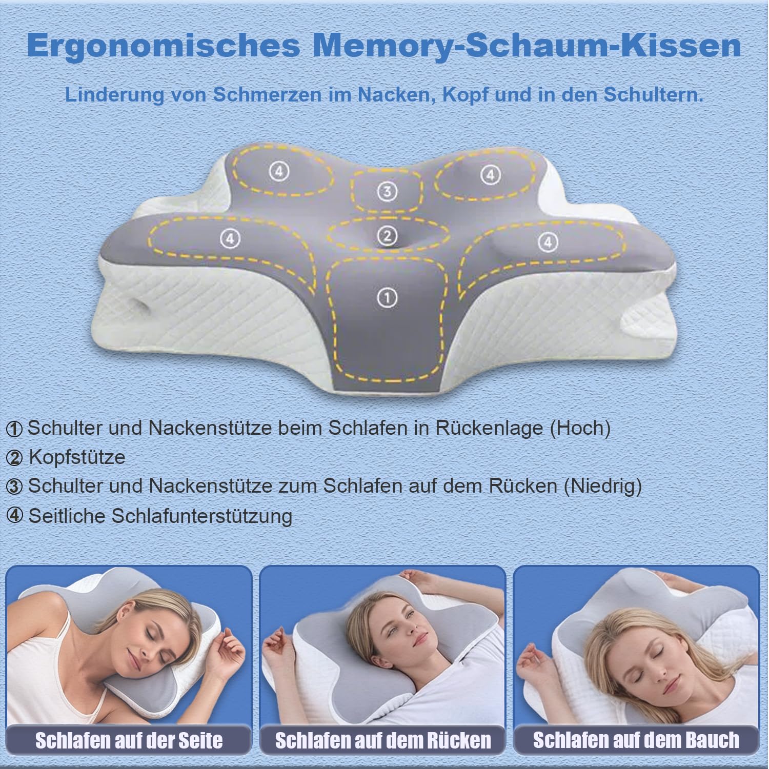 Almohada cervical, almohada para dormir de lado, cojín de mariposa, cojín ergonómico para el cuello, almohada de espuma viscoelástica, adecuada para los lados, la espalda y el estómago, 62