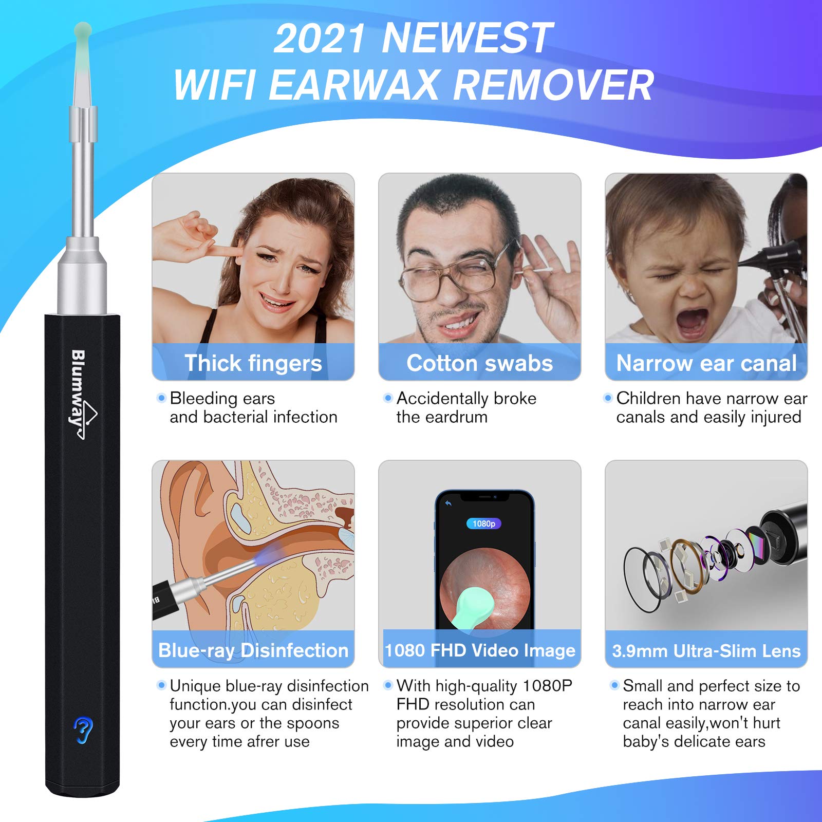 BlumWay WiFi otoscopio de oído 3.5 mm 1080P HD endoscopio de oído limpiador de oído cámara con 6 luces LED, limpiador de oídos removedor de cera para bebés, niños, adultos con iOS, Android (negro)