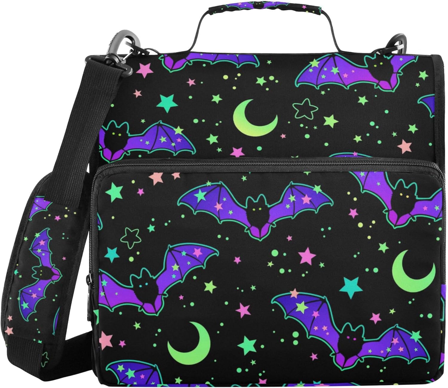 Halloween Bats Moon Stars Zipper Binder Bag, 1.5 inch 3 Ring Binder File Organizer Bag with Shoulder Strap, Multi-Pocket, 500 Sheet Capacity