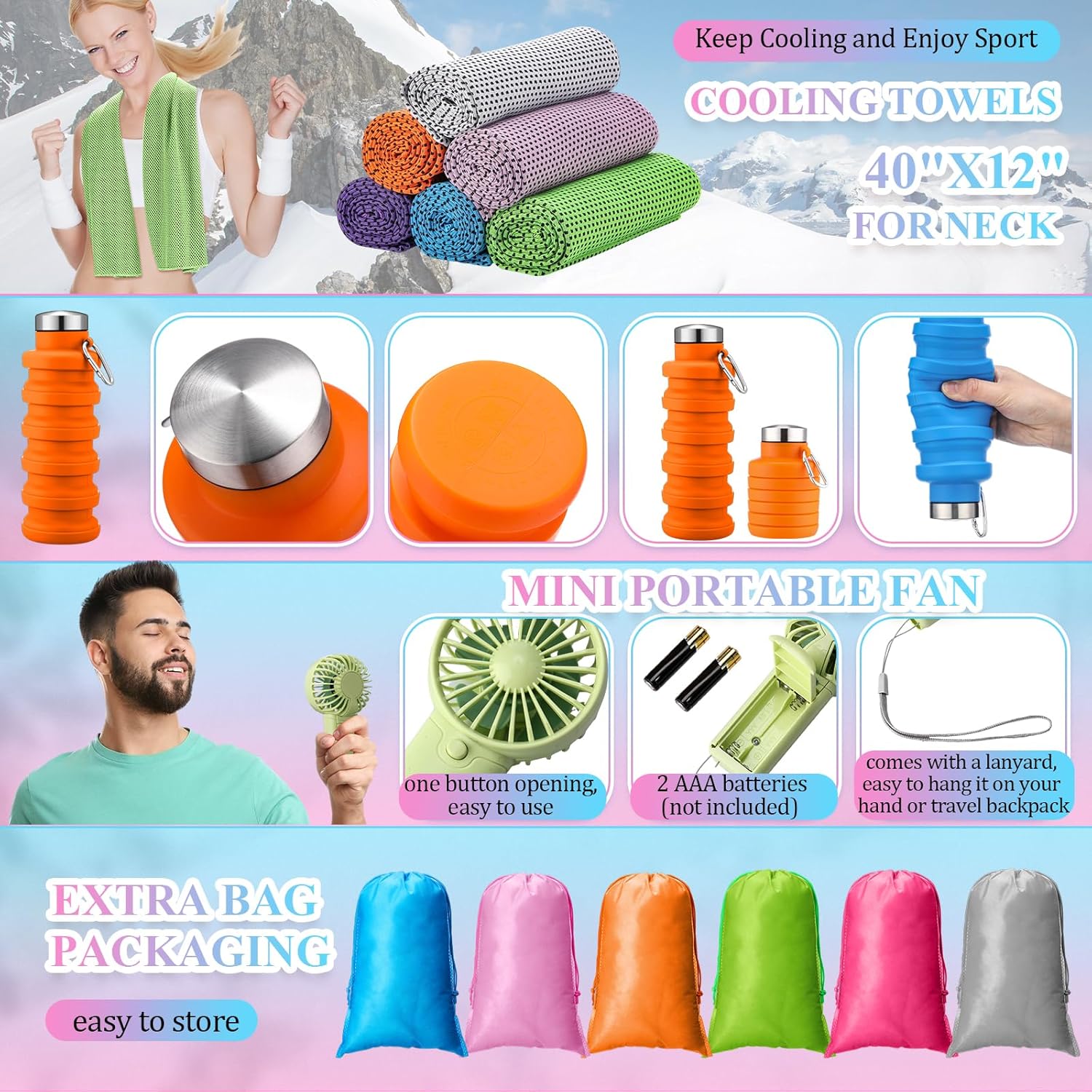 6 Sets Cruise Ship Essentials Theme Park Accessory Kit Collapsible Water Bottle Cruise Luggage Tag ID Holder with Lanyard Cooling Towel Fan Bag for Summer Amusement Team Gifts Travel Favor