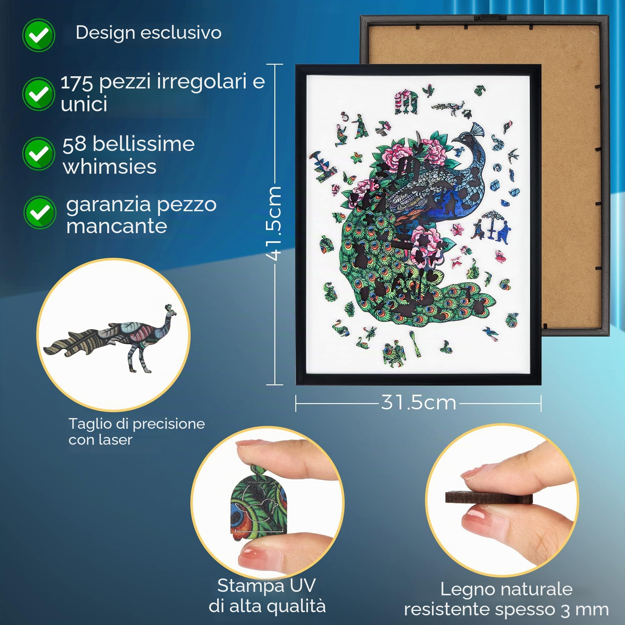 Puzzle In Legno Con Cornice Per Adulti, Puzzle Magnetico Incorniciato, Puzzle Di Legno Animali, Decorazione Artistica Da Parete Per Soggiorno, Regalo Di Natale E Compleanno (Pavone Reale)