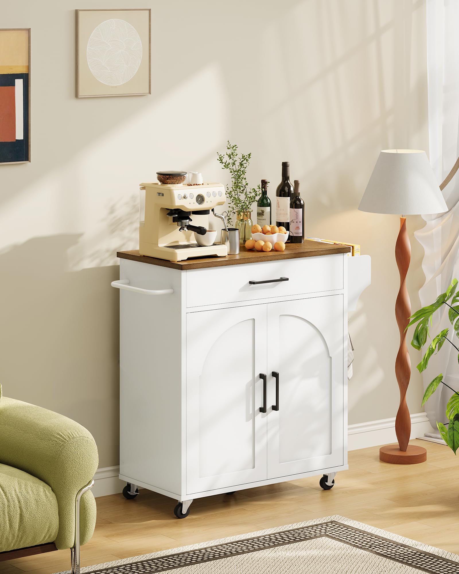 CHOEZON Isola da Cucina Mobile Stile Rustico, Mobile da Cucina con Rotelle con Contenitore, Carrello di Servizio con Cassetto e Ganci, Ripiano Porta Spezie, Bianco e Marrone Noce DMZD05WL