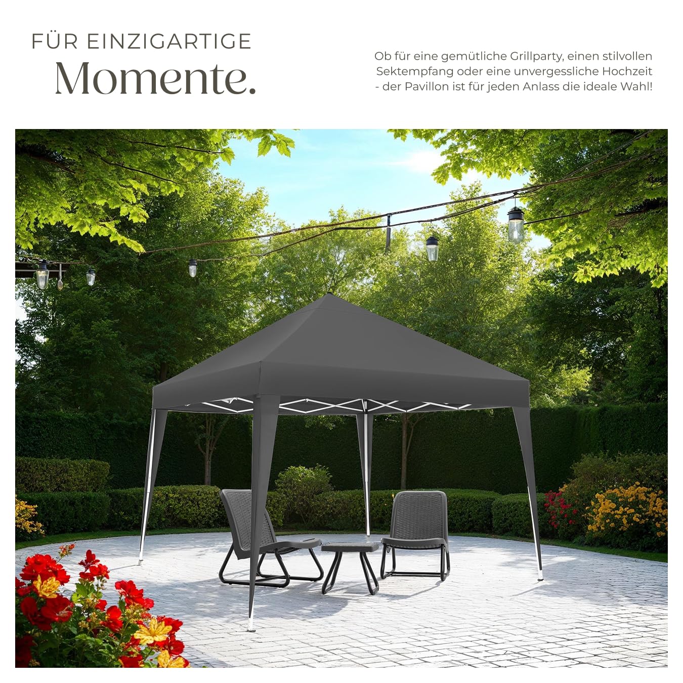 tectake® Pavillon 3x3, Gartenpavillon 3x3, wasserabweisend, höhenverstellbarer Faltpavillon mit Pop Up Klicksystem, Partyzelt für Garten, Festival, Camping, mit Spannseile, Heringe und Tasche - grau