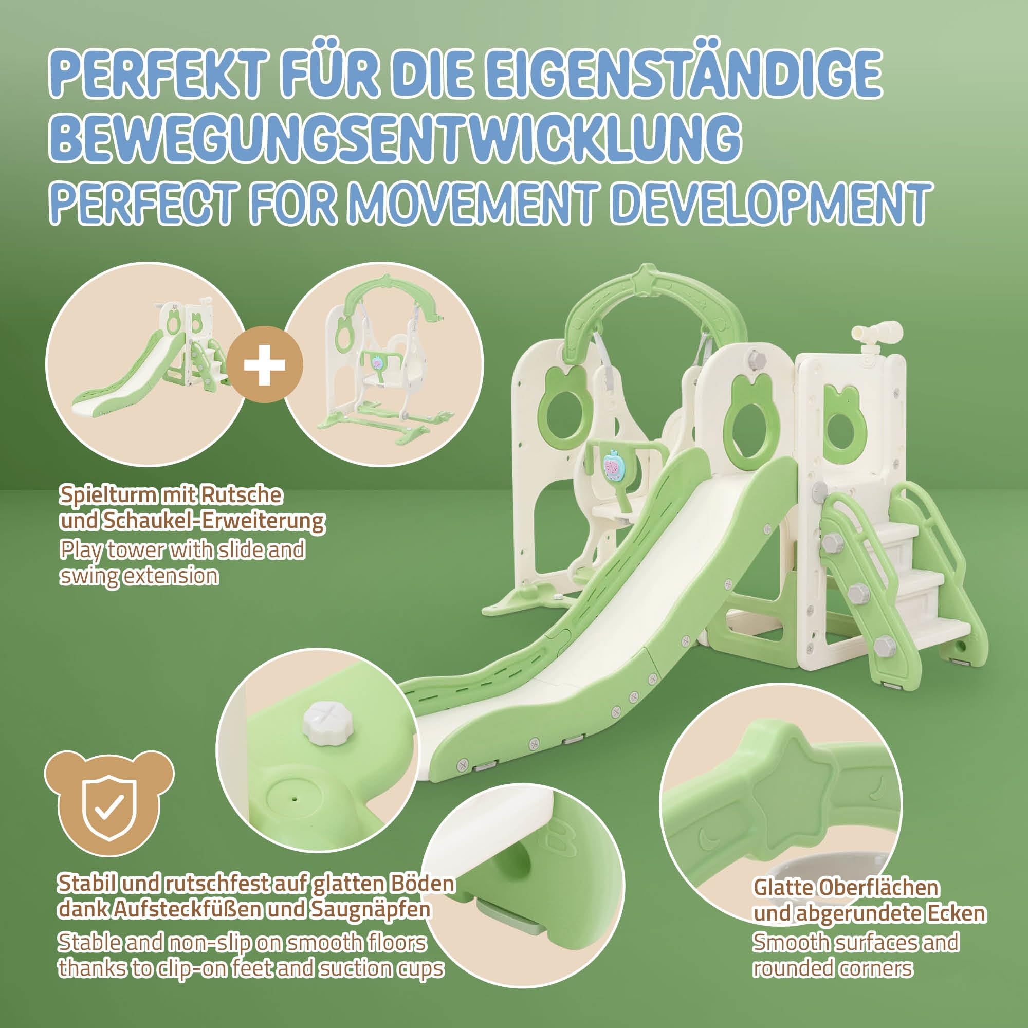 Joyz Toboggan et Balançoire Enfant 5 en 1 avec Escaliers, Télescope, Panier de Basket, Aire de Jeux Intérieure et Extérieure, Jouets Structure pour Tout-Petits, Dès 3 Ans, Plastique HDPE Vert Clair