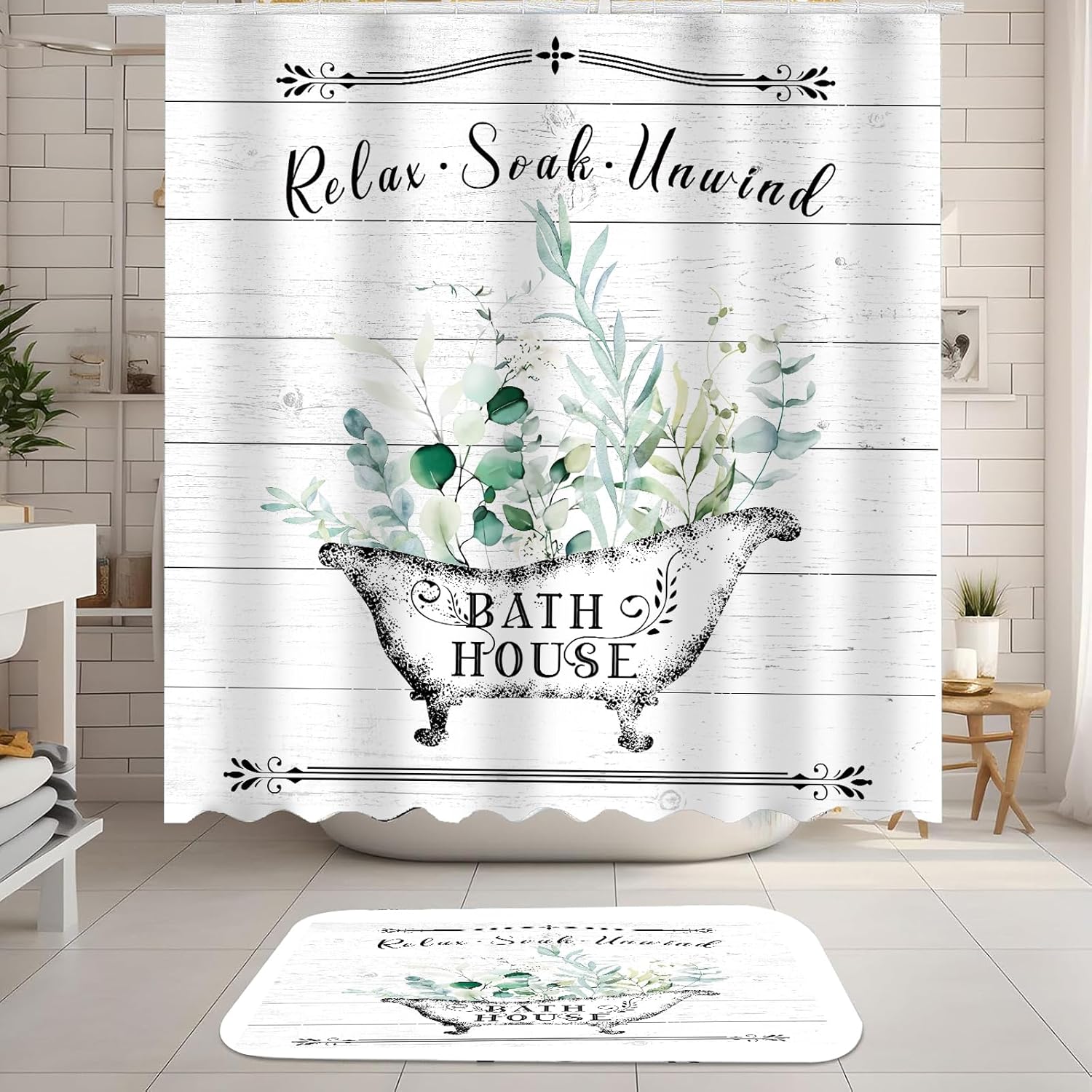 Farmhouse Shower Curtain with Rug Vintage Floral Bathroom Sets with