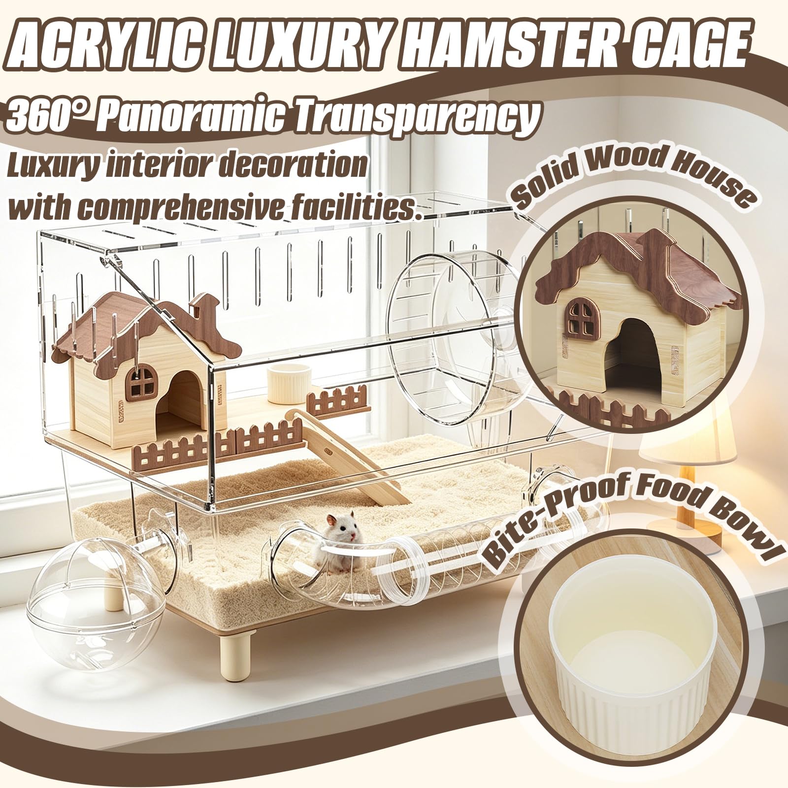 Gabbia per Criceti, 43 x 30 x 34 cm Villa in Acrilico per Criceti a Due Piani con Area di Riposo Ruota per Esercizi Tunnel Bagno Esterno Bollitore e Ciotola per il Cibo per Piccoli Animali