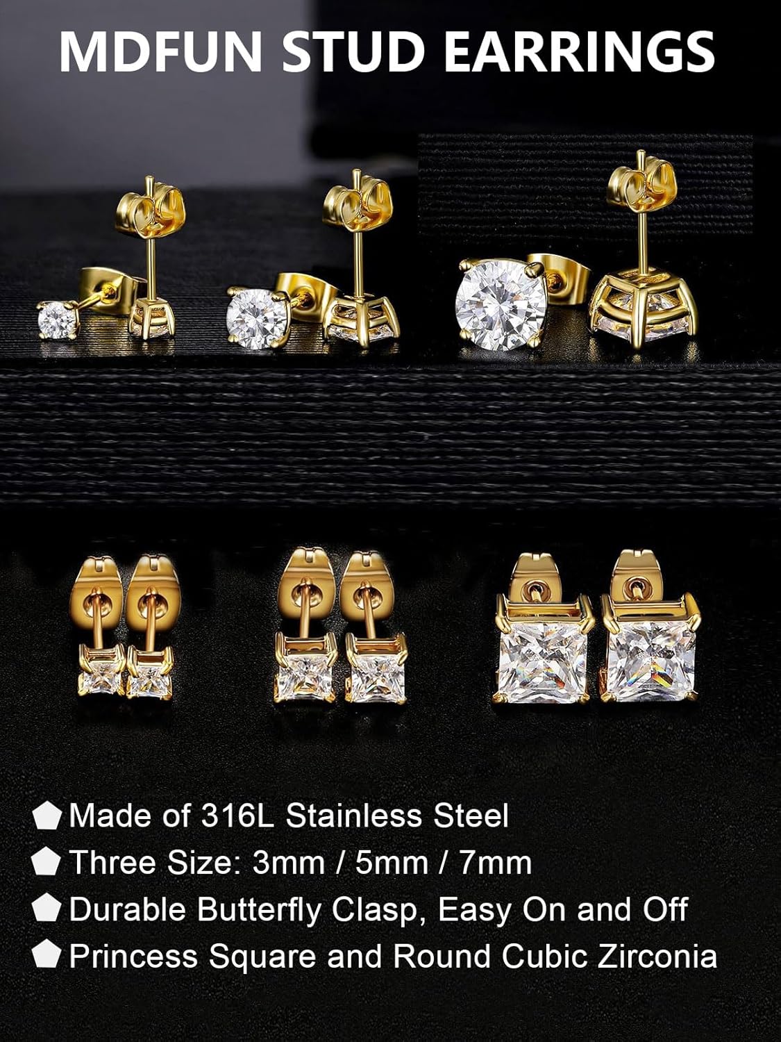 MDFUN 6 Pairs Stud Earrings Set 3mm/5mm/7mm Princess & Round Cubic Zirconia Earrings Hypoallergenic 316L Surgical Stainless Steel CZ Earrings for Women Men - Image 7