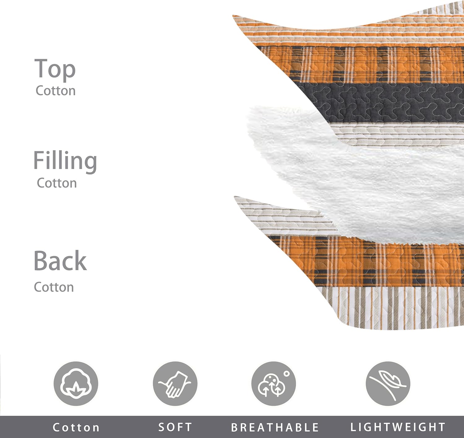 Homzard King Comforter Set,Cotton King Size Quilt,Caramel Orange Black King Bedding Set,Plaid Striped Bedspread Set,Lightweight Reversible Bed Set 3 Pieces - Image 4