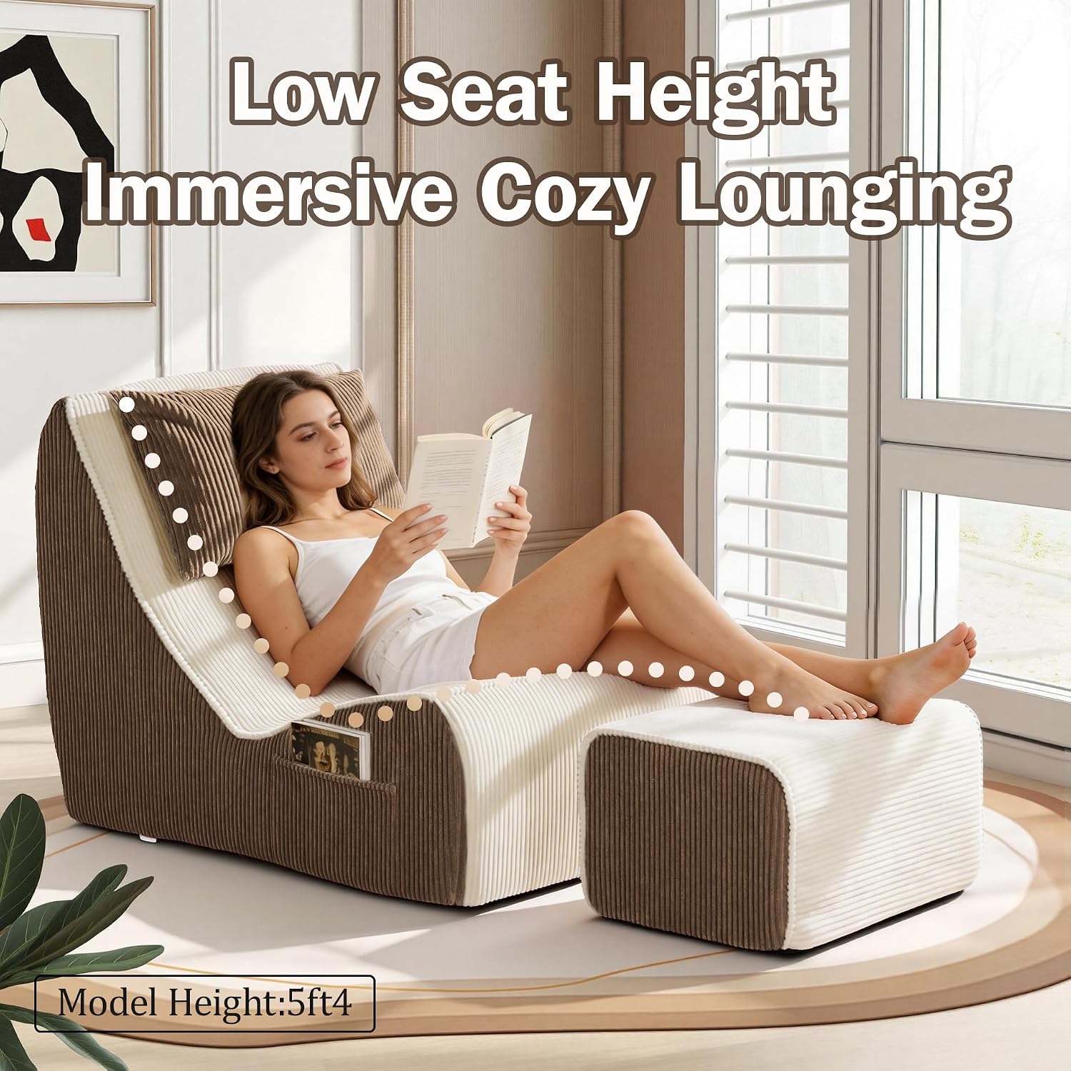 Trenda Chaise Longue Chair with Ottoman, Boneless Recliner Chair with Washable Cover, Adjustable Neck Pillow, Comfy Floor Chair for Living Room, Bedroom, Small Space.