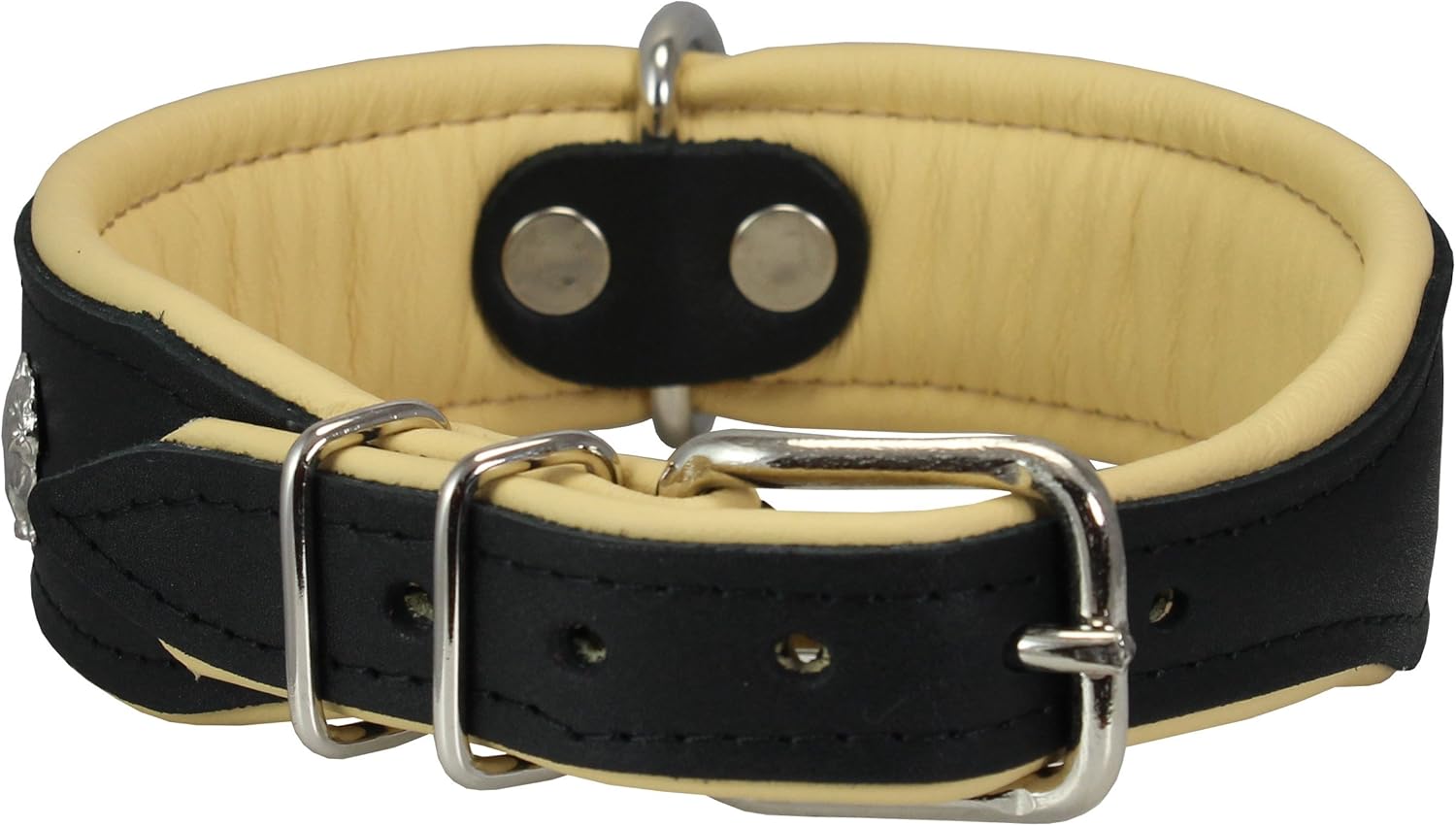 Real Leather Soft Leather Padded Dog Collar Bulldog (15"-17.5" Neck; 1.75" Wide, Black/Beige)