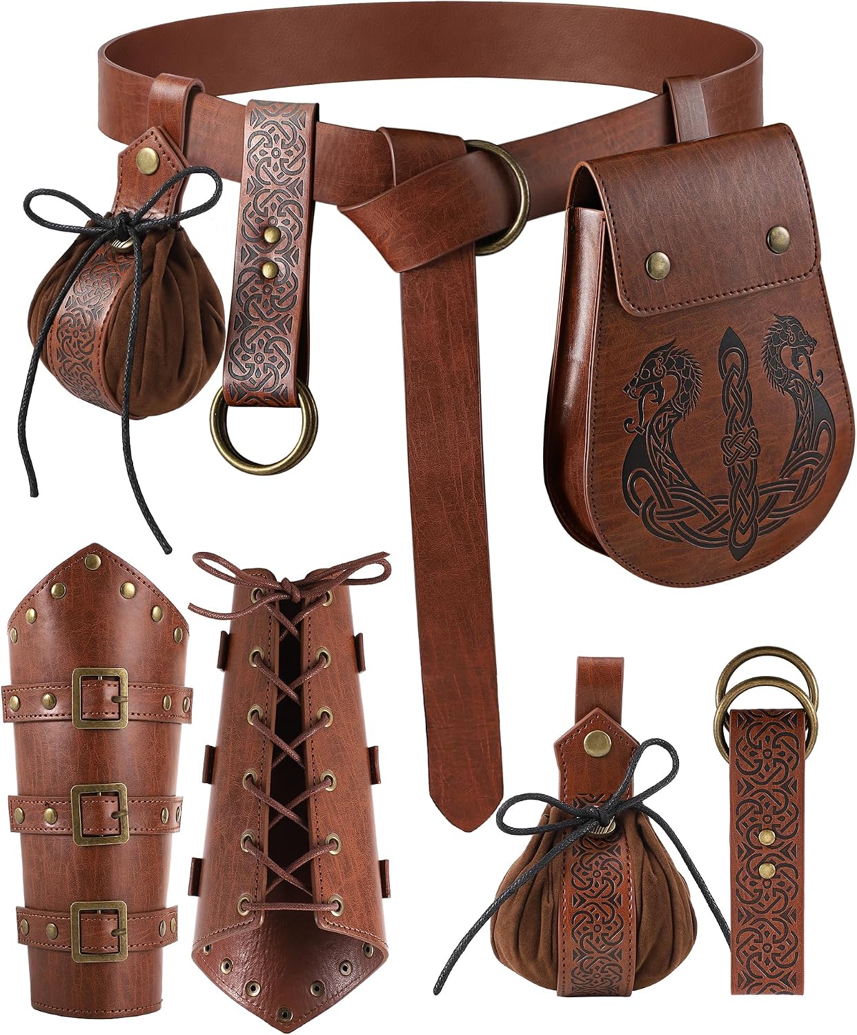 6 Pcs Renaissance Accessories, Medieval Pirate Belt Pouch Set & Bracers
