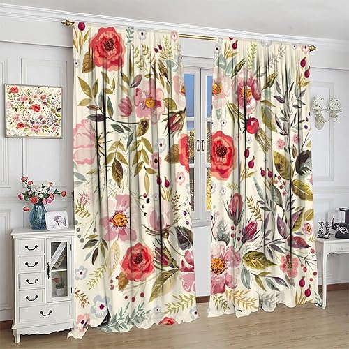 Miniatura 483 de Retro 70s Floral Blackout Window Curtains, Watercolor Flower Plant Rustic Modern Style Pattern Window Drapes, for Bedroom Living Room 42x45in 2