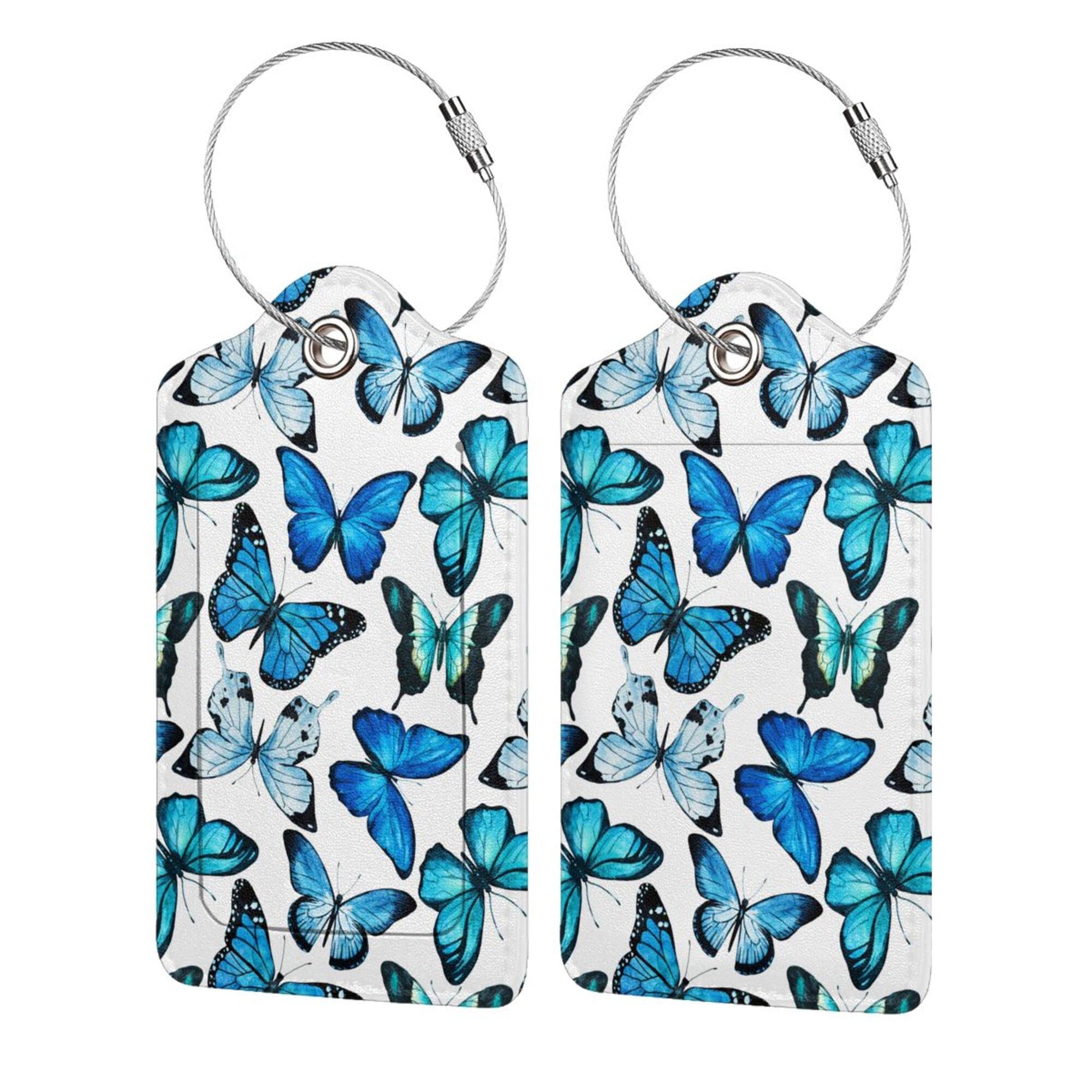 BLOCIT Luggage Tags - 2-Pack PU Leather with Privacy Cover & Stainless Steel Loop - ID Labels for Suitcases & Travel Bags - Blue Butterfly