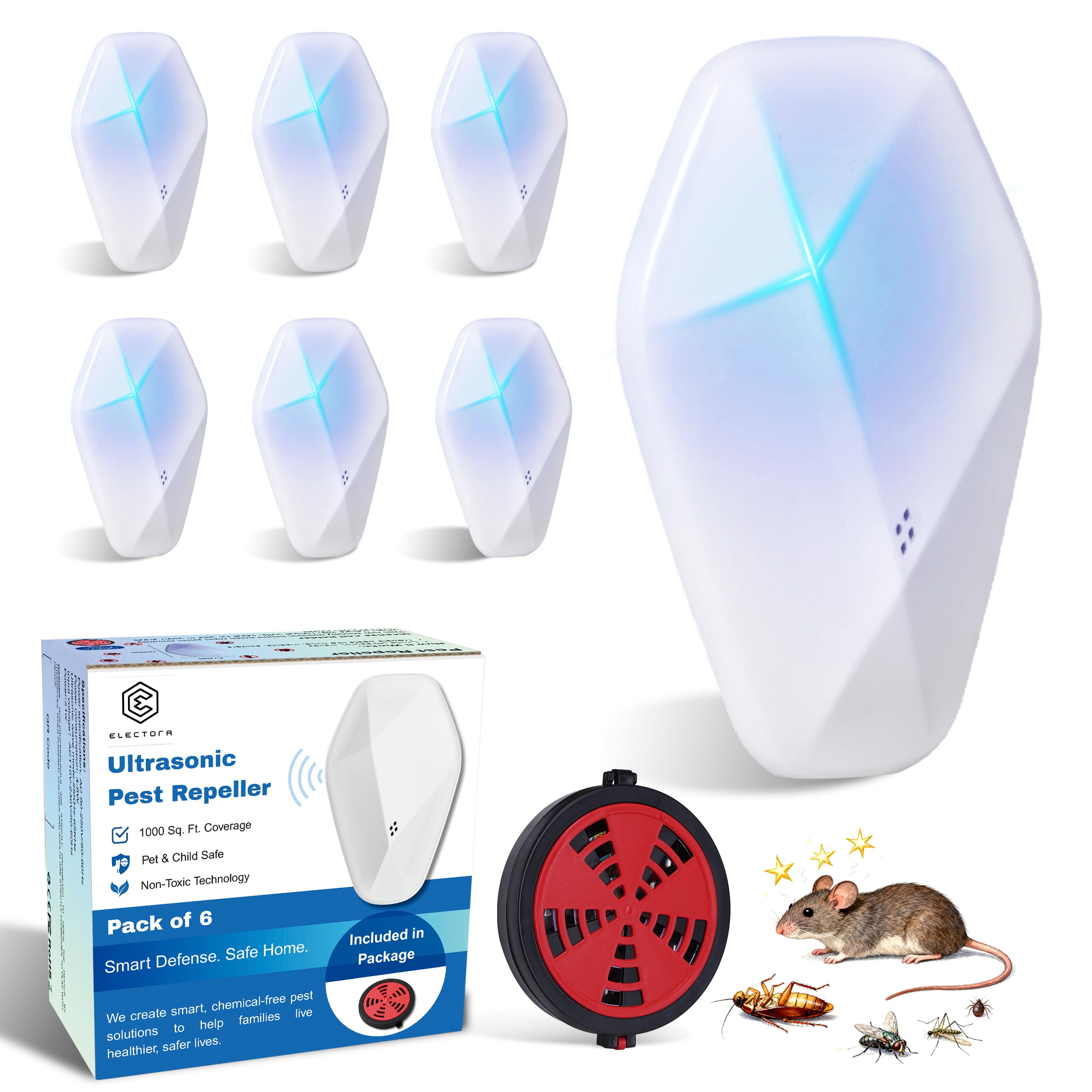 Electora Repelente de plagas ultrasónico mejorado con soporte para bobina de mosquitos, repelente de plagas, enchufe ultrasónico, repelente de ratones para interiores para roedores, cucarachas, arañas