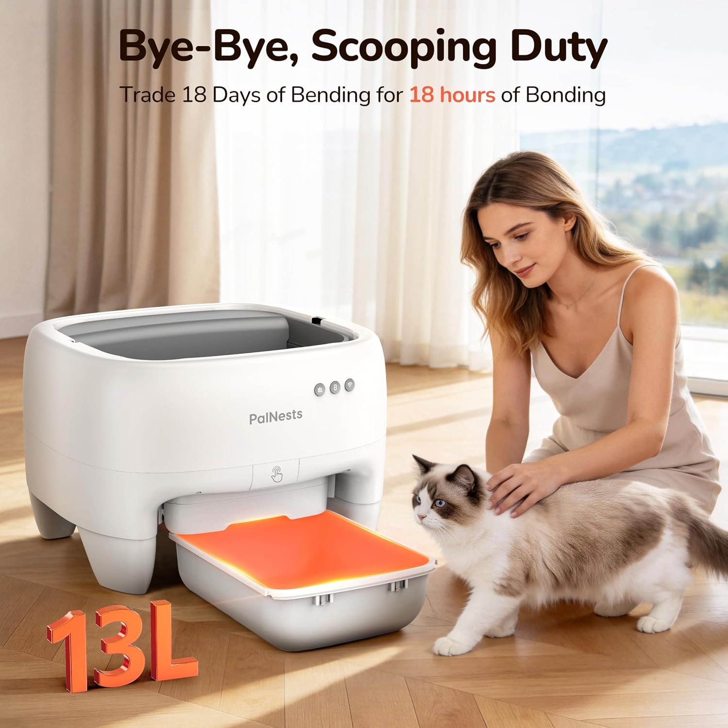 Self Cleaning Cat Litter Box, Open Top Automatic Litter Box for Multi-Cat Homes, Safety Sensors with App Control, Large Capacity, Odor Control, Includes Waste Bags & Litter Deodorizer, White