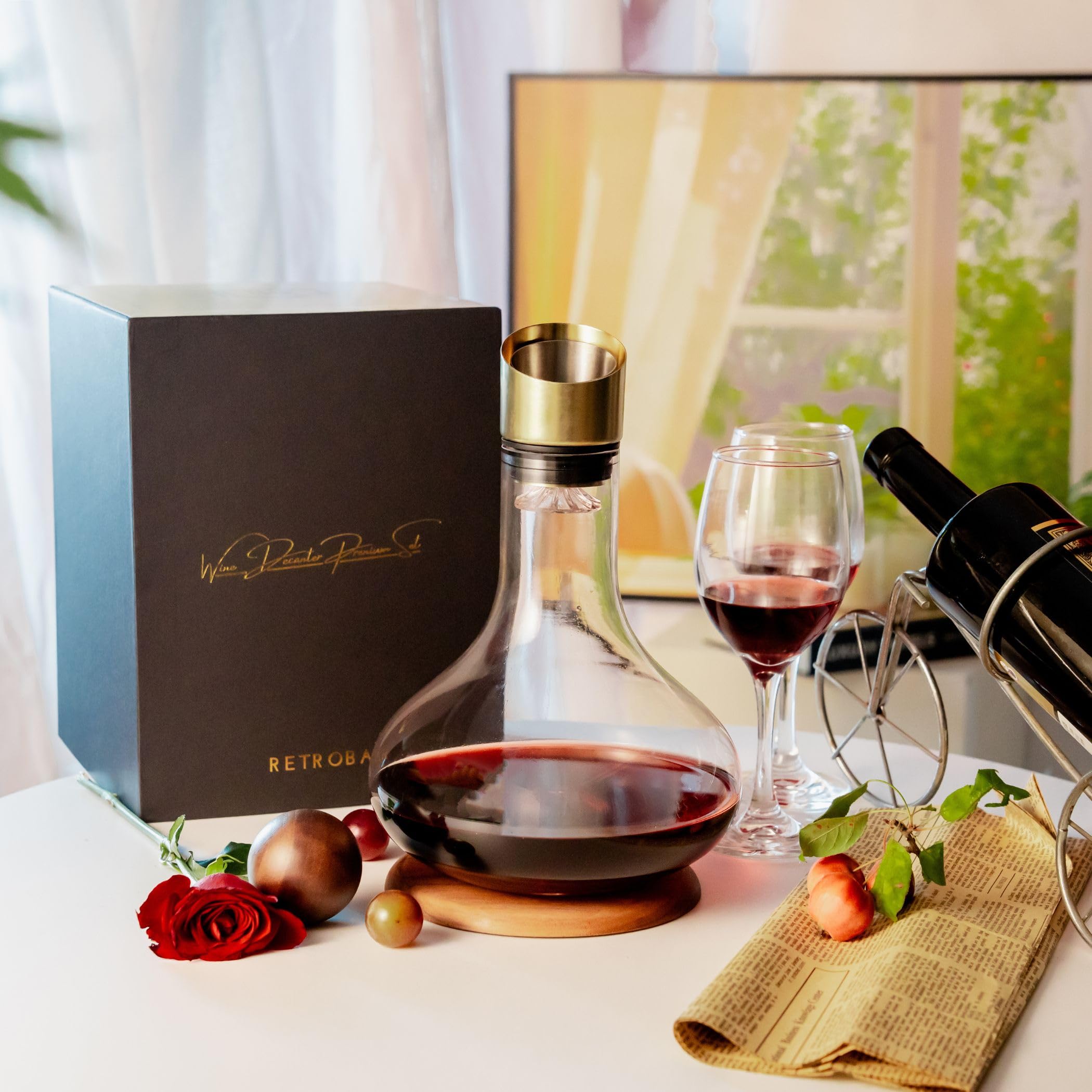 RETROBAR Premium Hand-Blown Crystal Wine Decanter with Built-In Aerator, Double-Layer Filter & Walnut Wood Base – Waterfall Pouring System for 3-Minute Decanting – Lead-Free with Wooden Stopper