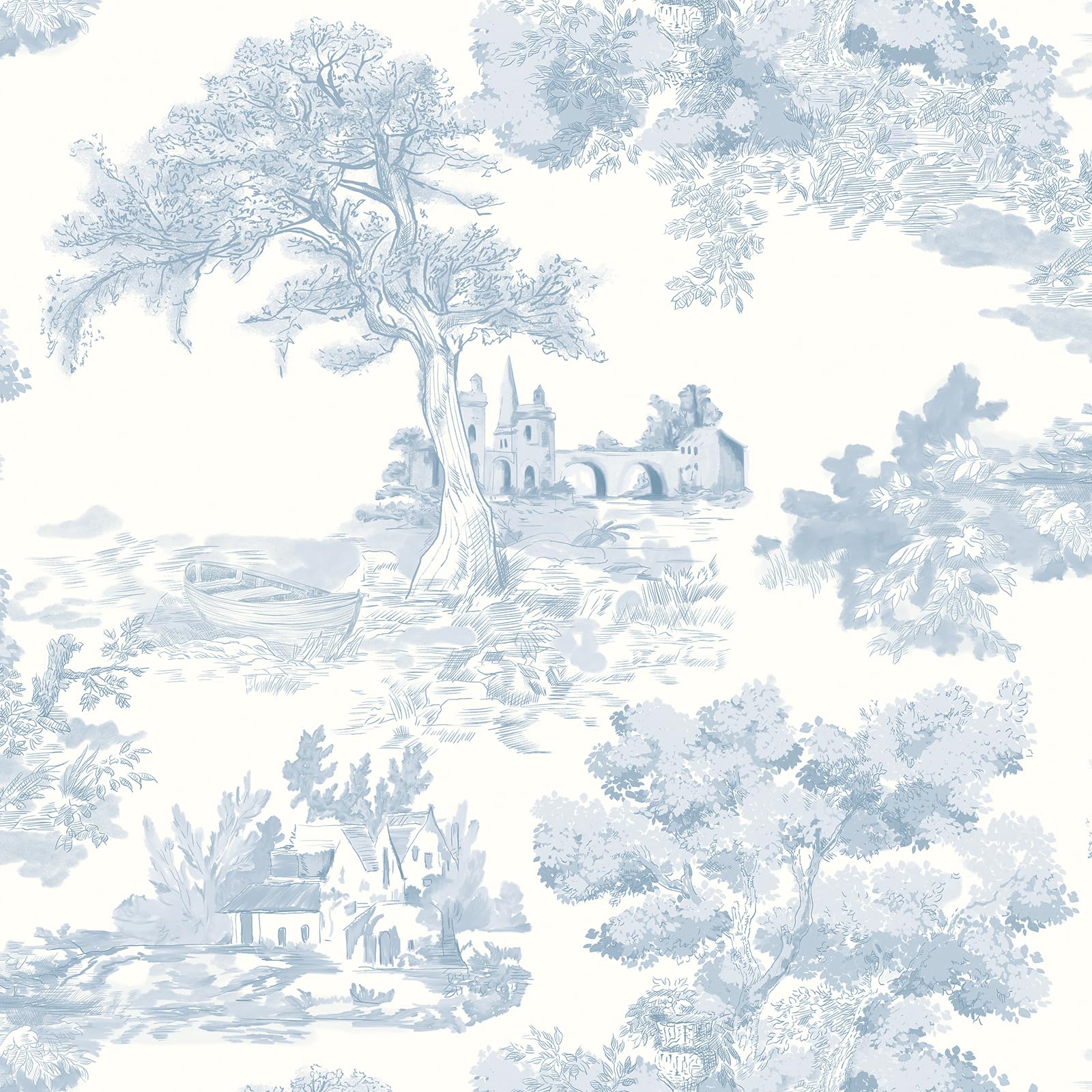 Yomshi Selbstklebende Tapete Blaue Möbelfolie 44 x 1000 cm Boho-Tapete Baum, Boot und Häuser Klebetapete für Möbel Schrank Schlafzimmer Wohnzimmer Selbstklebend Entfernbar Verdickt