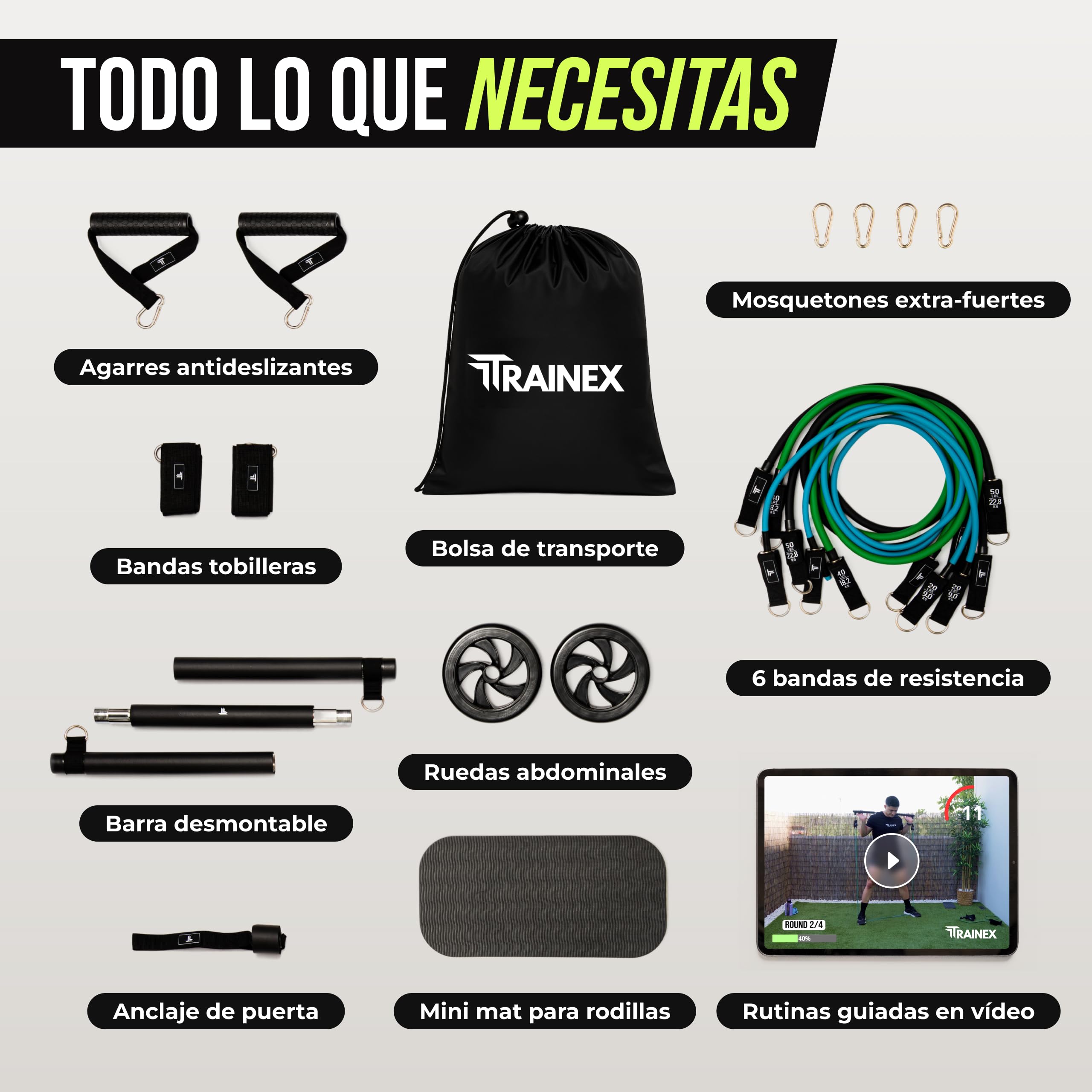 Bandas Elásticas de Musculación con Barra | Gomas de Resistencia hasta 100 kg | Kit de Entrenamiento en Casa Completo | TRAINEX