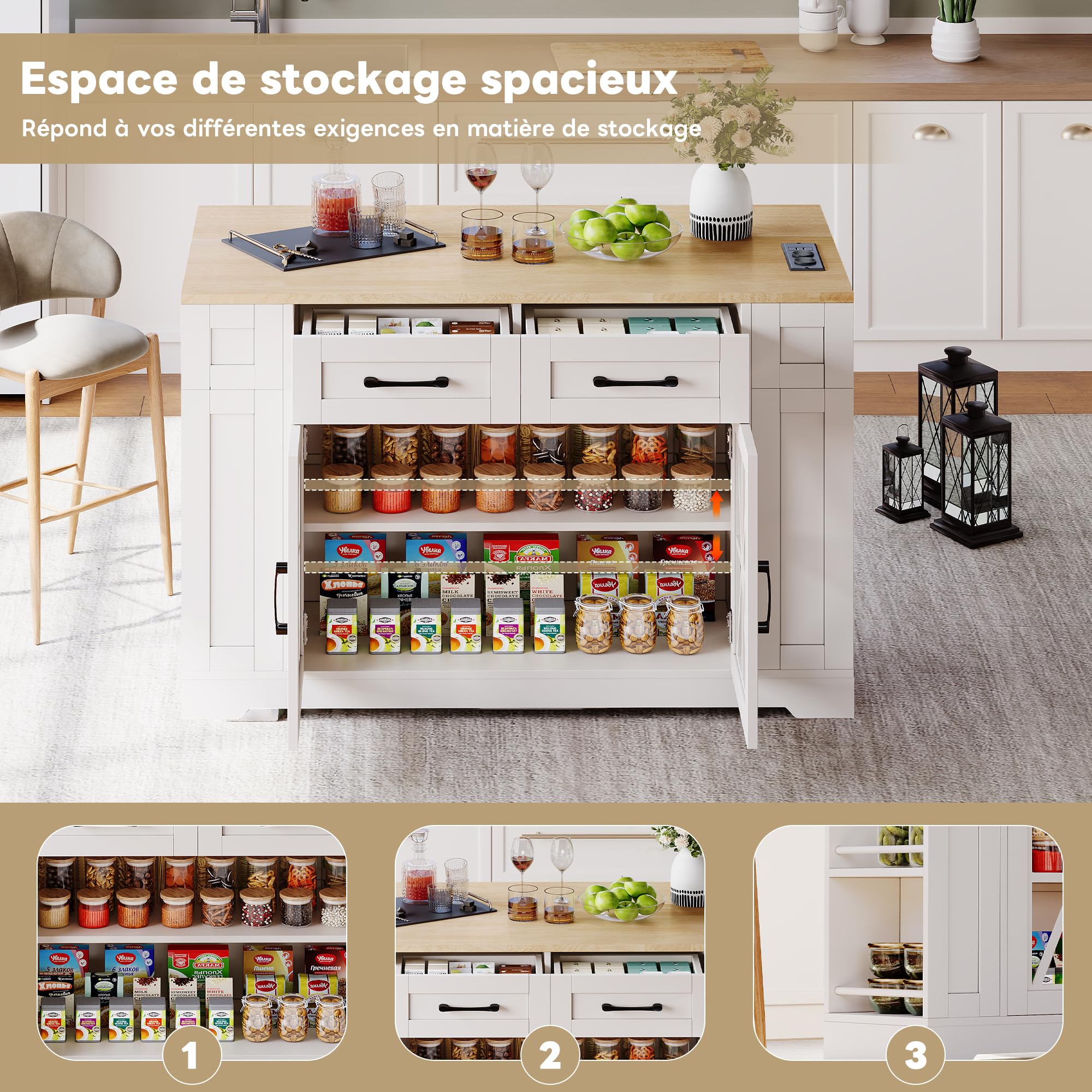 Îlot de Cuisine Moderne 120x40-60x92cm avec établi Pliable,Prise Secteur et Port USB,Buffet Cuisine avec tiroirs,Rangement Ouvert,Chariot de Salle à Manger,Buffet Salle a Manger,Blanc