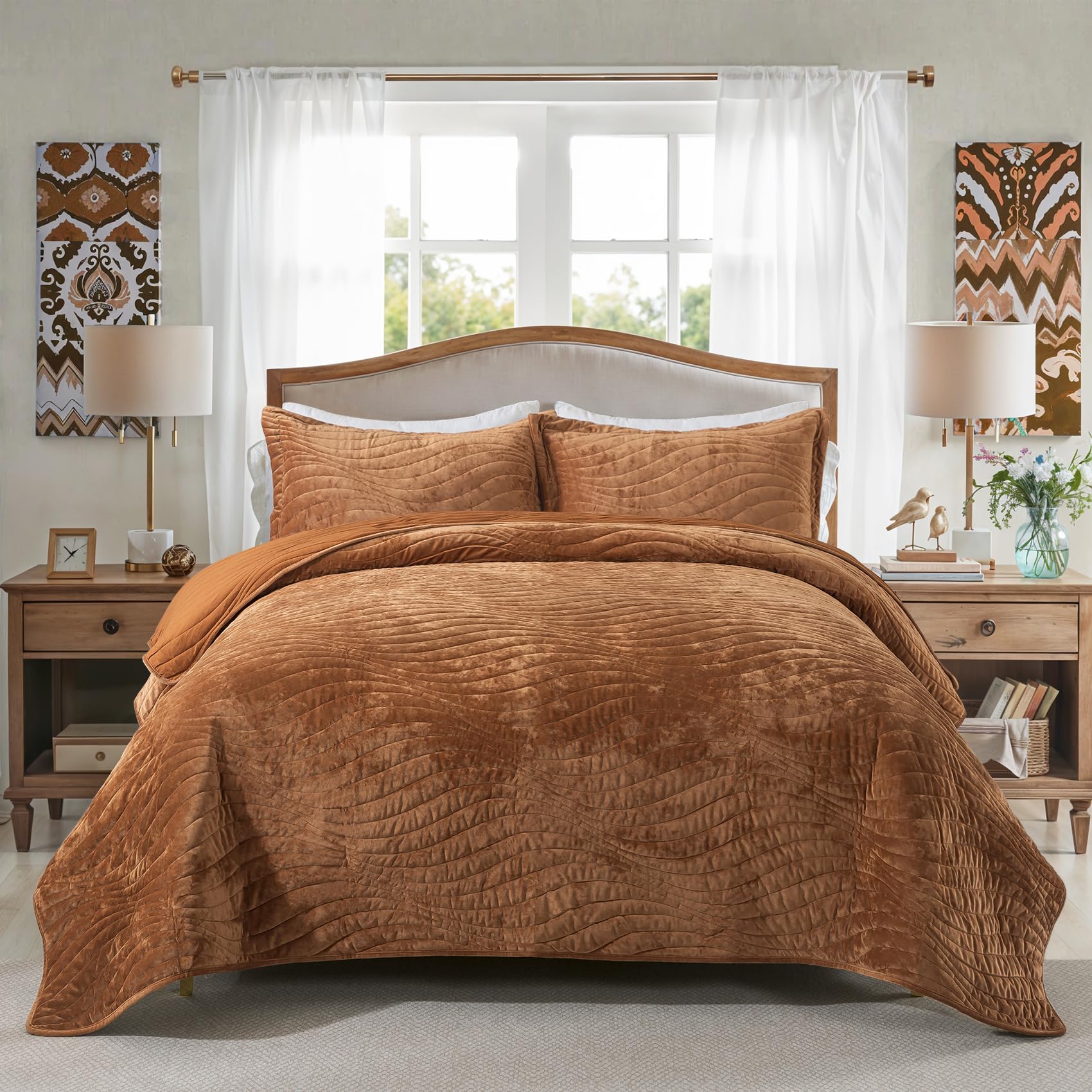 Travan Golden Camel Luxury Velvet Quilt Set Queen Size, Lightweight Velvet Comforter Set, Soft Warm Queen Quilt Bedding Set, Oversized Bedspread Coverlet With 2 Shams For All Season,