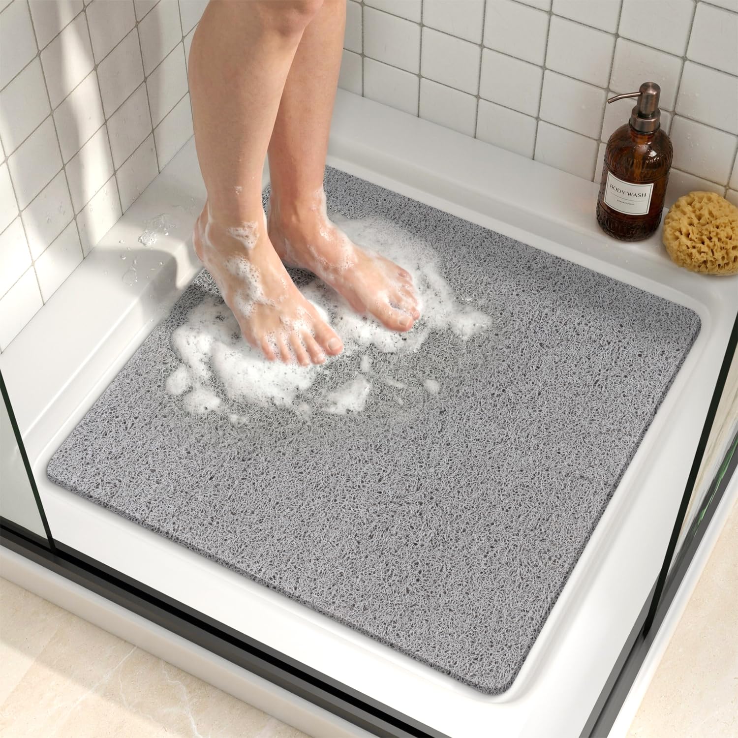 HITSLAM Duschmatte rutschfest, 53x53cm Badewannenmatte rutschfest Ohne Saugnapf, Weiche PVC-Luffa Antirutschmatte Badewanne, Schnell Trocknende Badematte, Hocheffiziente Drainage, Grau