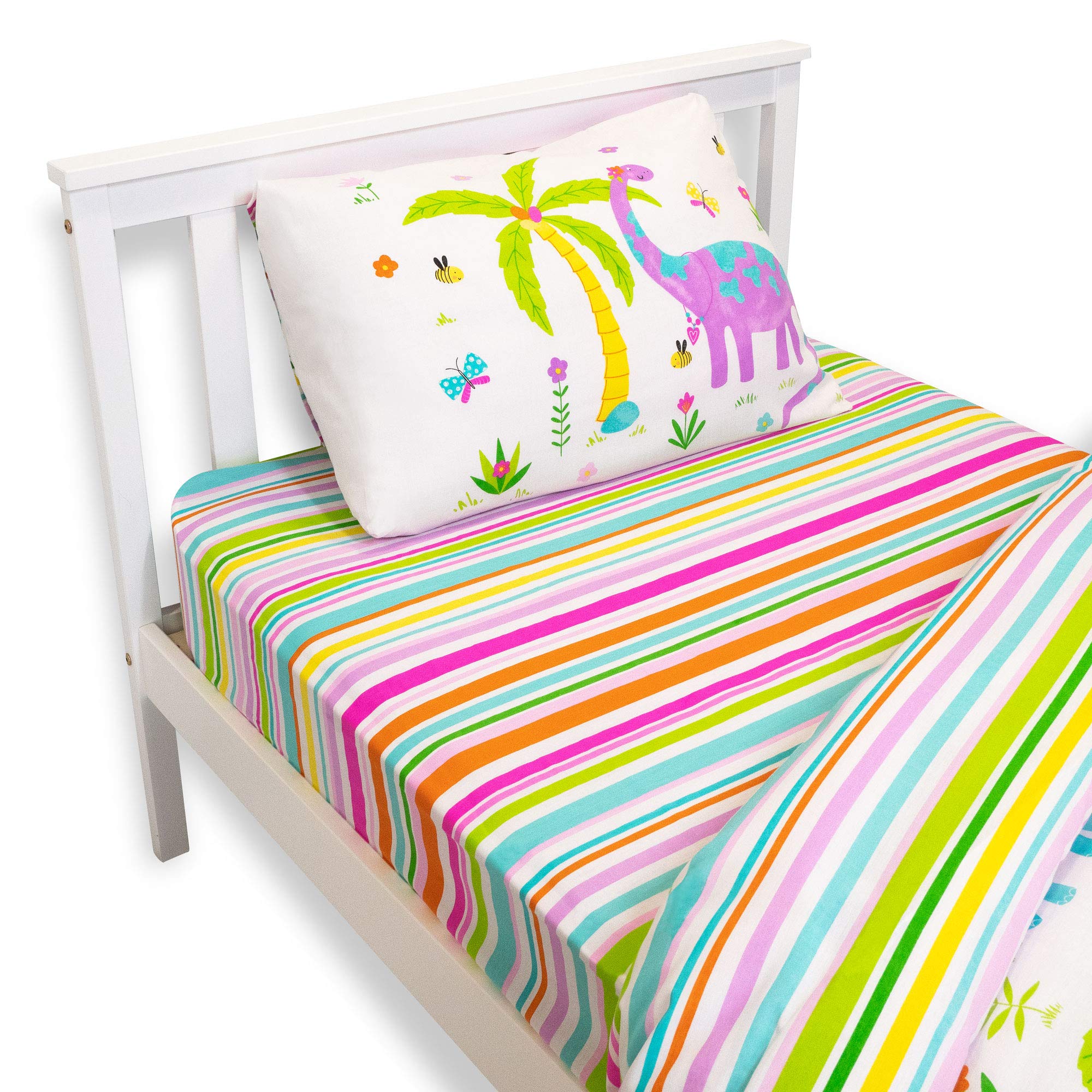 Happy Linen Company Girls Boys Kids Dinosaur Park Jurassic Pink T-Rex Dino Striped Double Fitted Sheet Bedding