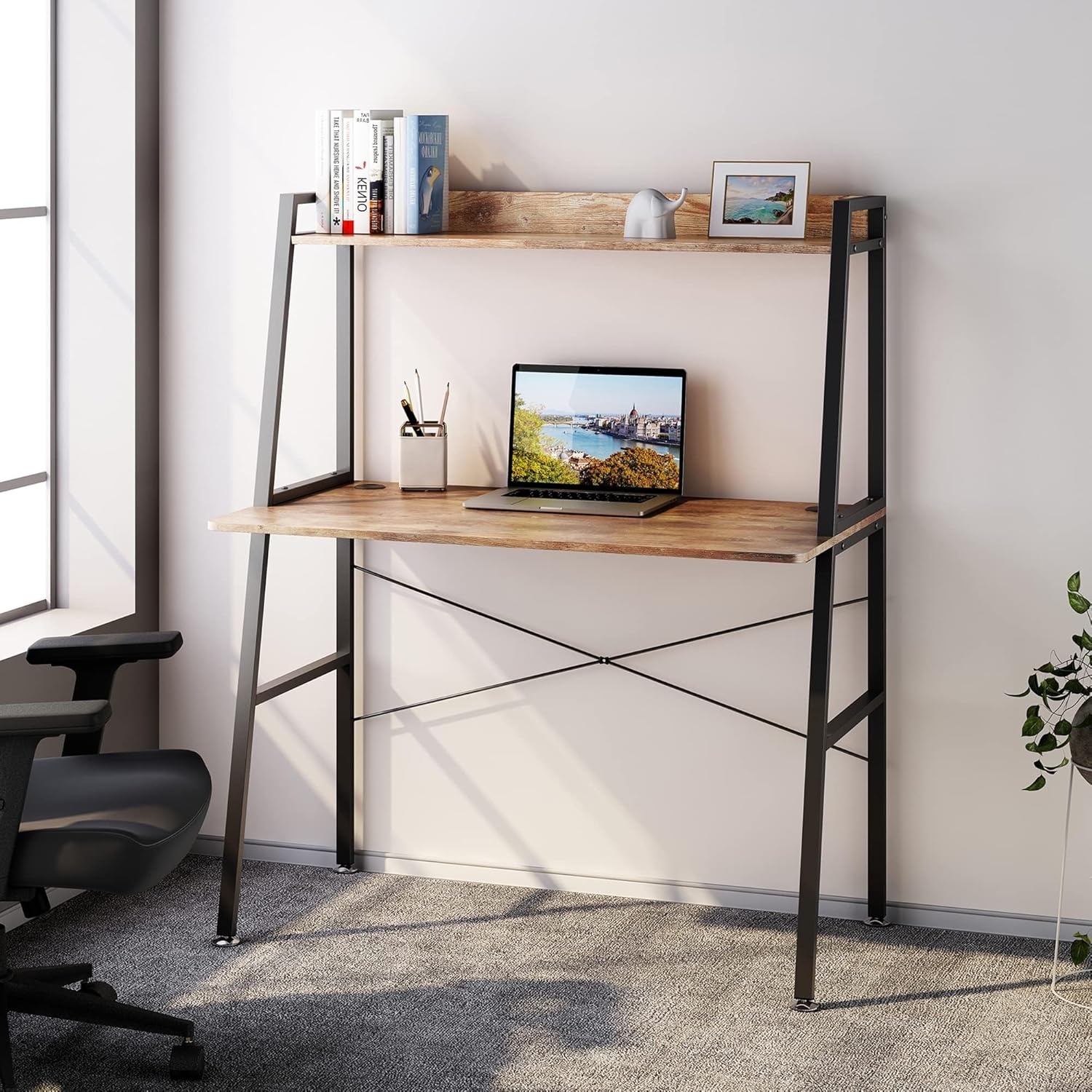 EUREKA ERGONOMIC Small Computer Ladder Desk with Storage Shelves, 43 Inch 2-Tier Home Office Students Study Writing PC Gaming Table with Bookshelf Modern Workstation for Space Saving, Rustic Brown