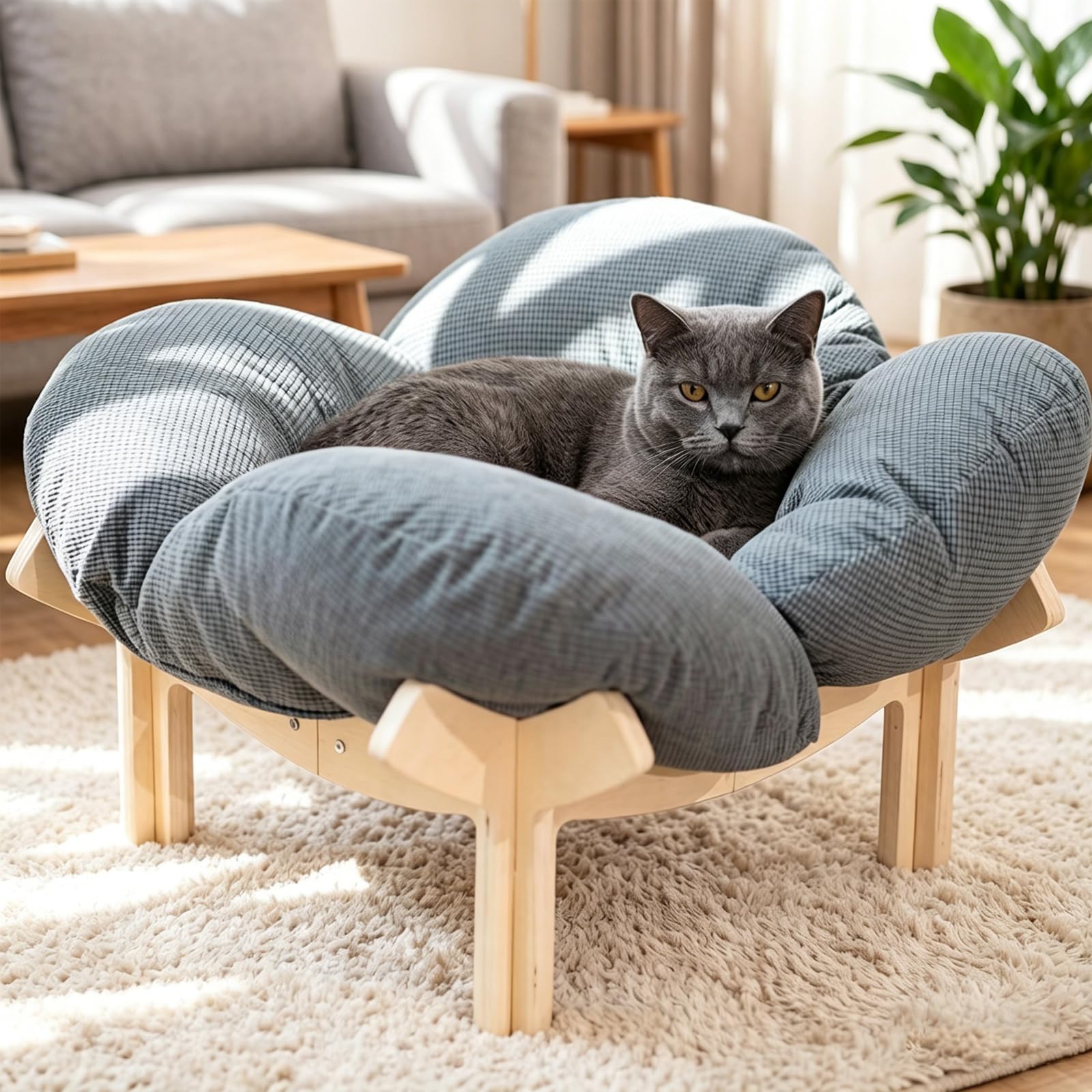 W&H Erhöhtes Katzenbett in Blumenform, 55 cm Großes Katzenkorb mit Kissen und Holzrahmen, Weiche Katzenkissen für Alle Katzen und Kleine Hunde, Grau