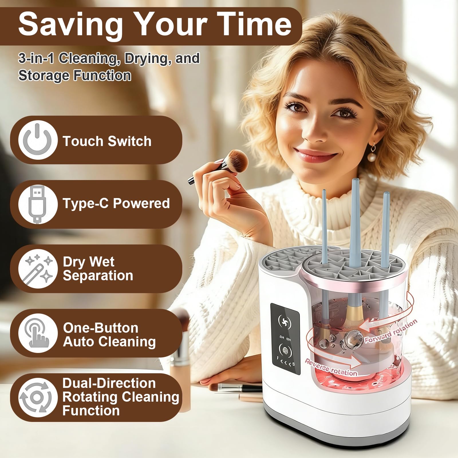 3-in-1 Makeup Pinsel Reiniger Elektrische Reinigungsmaschine mit Trockner & Halter - USB Betriebener Automatischer Pinselwäscher für Alle Größen Kosmetikpinsel & Beauty Blender, 5-Min Au