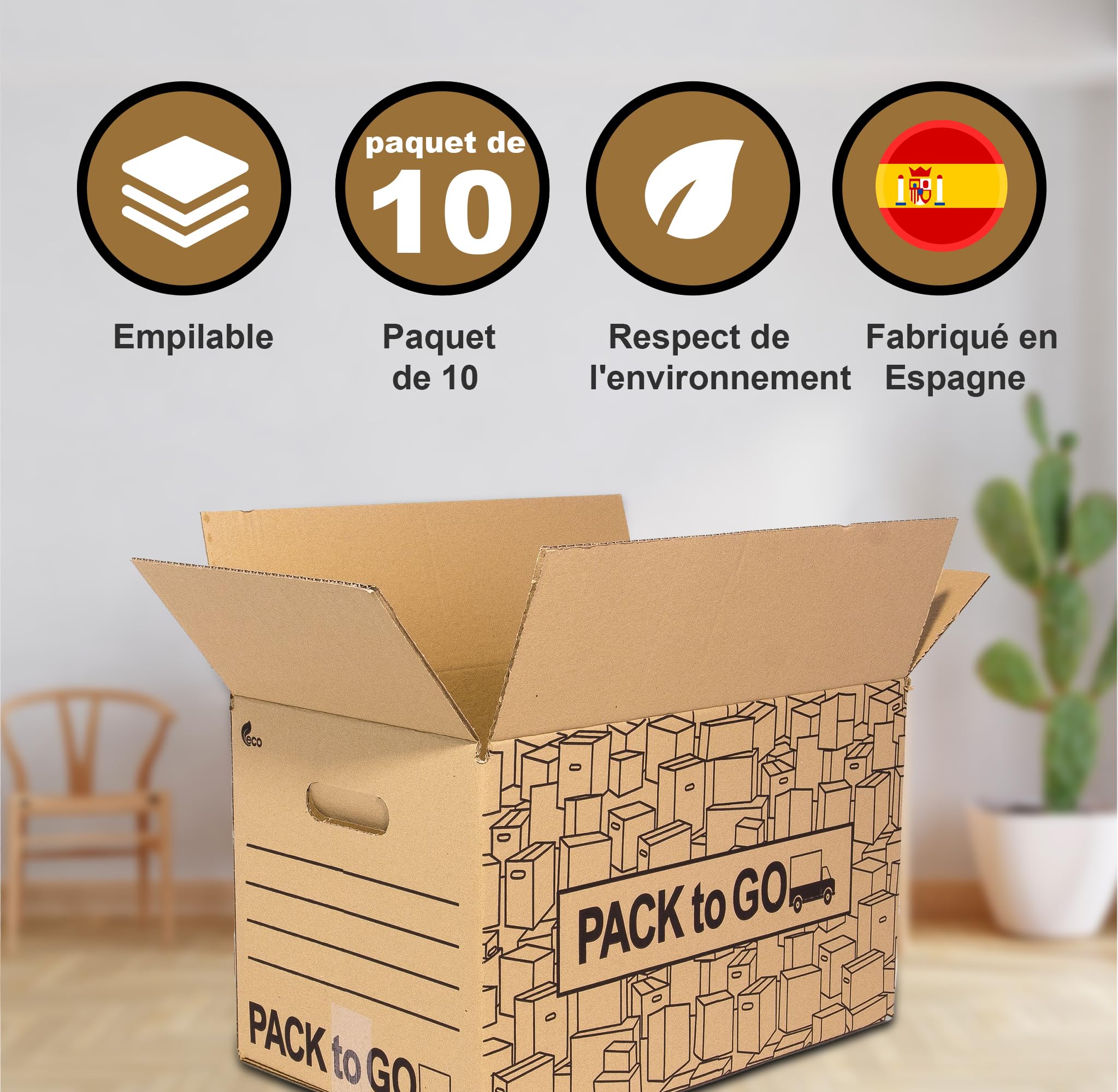 Carton demenagement grand format 60 x 40 x 40 cm, lot de 10, avec poignées, carton renforcé, emballage colis, stockage (Lot de 10 boîtes de 60 x 40 x 40 cm)
