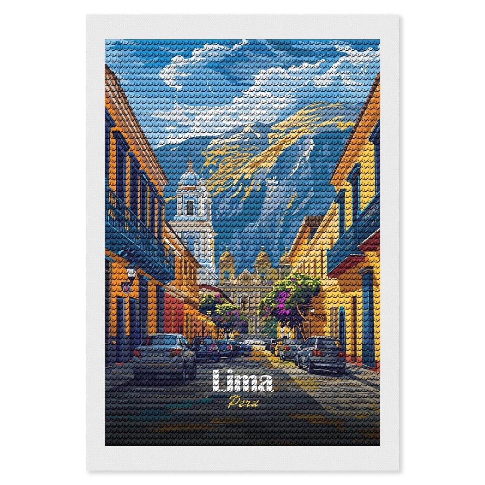 Junmoney Lima, Peru Cityscape Illustration Diamond Art Canvas 8"x12", for Creative Relaxation, Simple to Start, Aesthetic Room Decor, Holiday Gift Idea