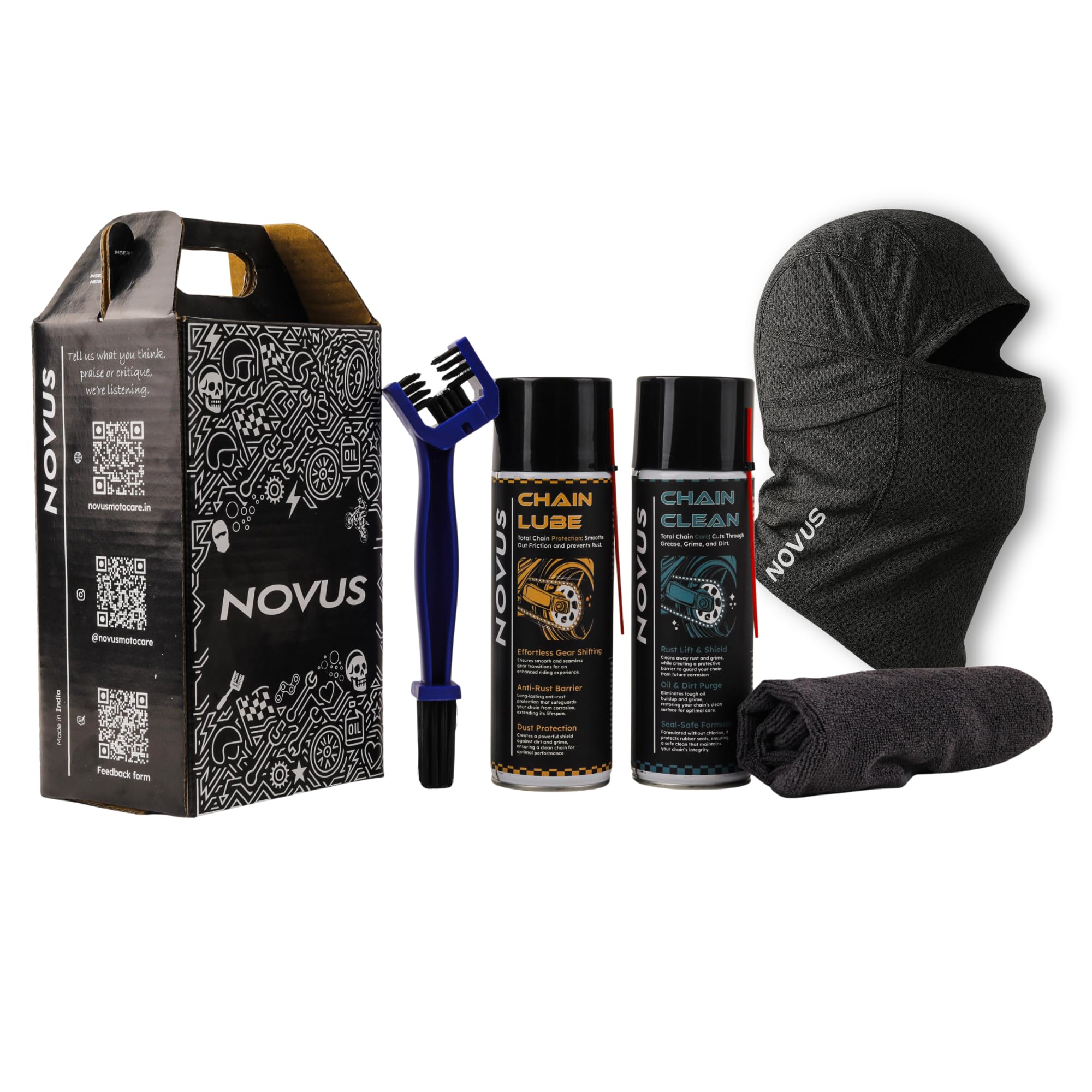 Novus Weekend Rider Combo | Motorbike Chain Maintenance Kit |Motorbike Chain Lube 500ML, Chain Clean 500ML, Chain Cleaning Brush, 350gsm Microfibre Cloth, 2 AirMesh Balaclavas. | Free Handy Toolkit-image-48