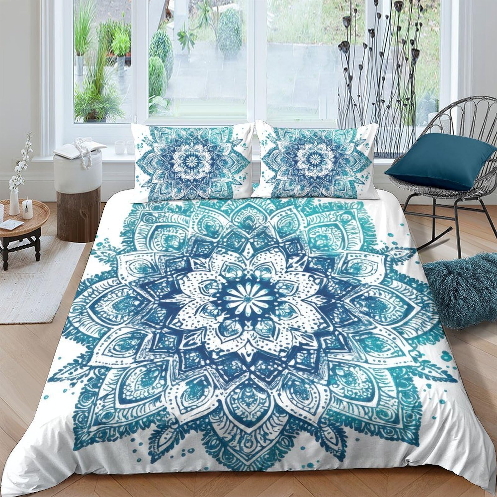 Ctjqhvkz Style-8 3D Printed Blue Mandala Fitted Sheet Microfiber Soft Breathable Boho Lotus Mattress Cover Bedroom Dorm Decorative Bed Protector Single（135X200cm）