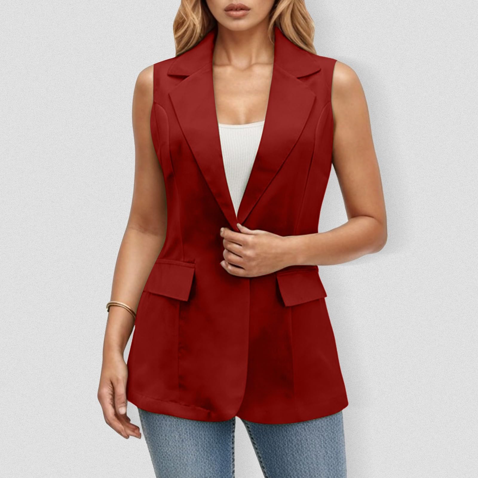 Generisch Ärmelloser Damenmantel Einfarbig Cardigan Jacke mit Taschen Lässige Business für Büro Alltag Elegante Übergangskleidung Leichte Weste