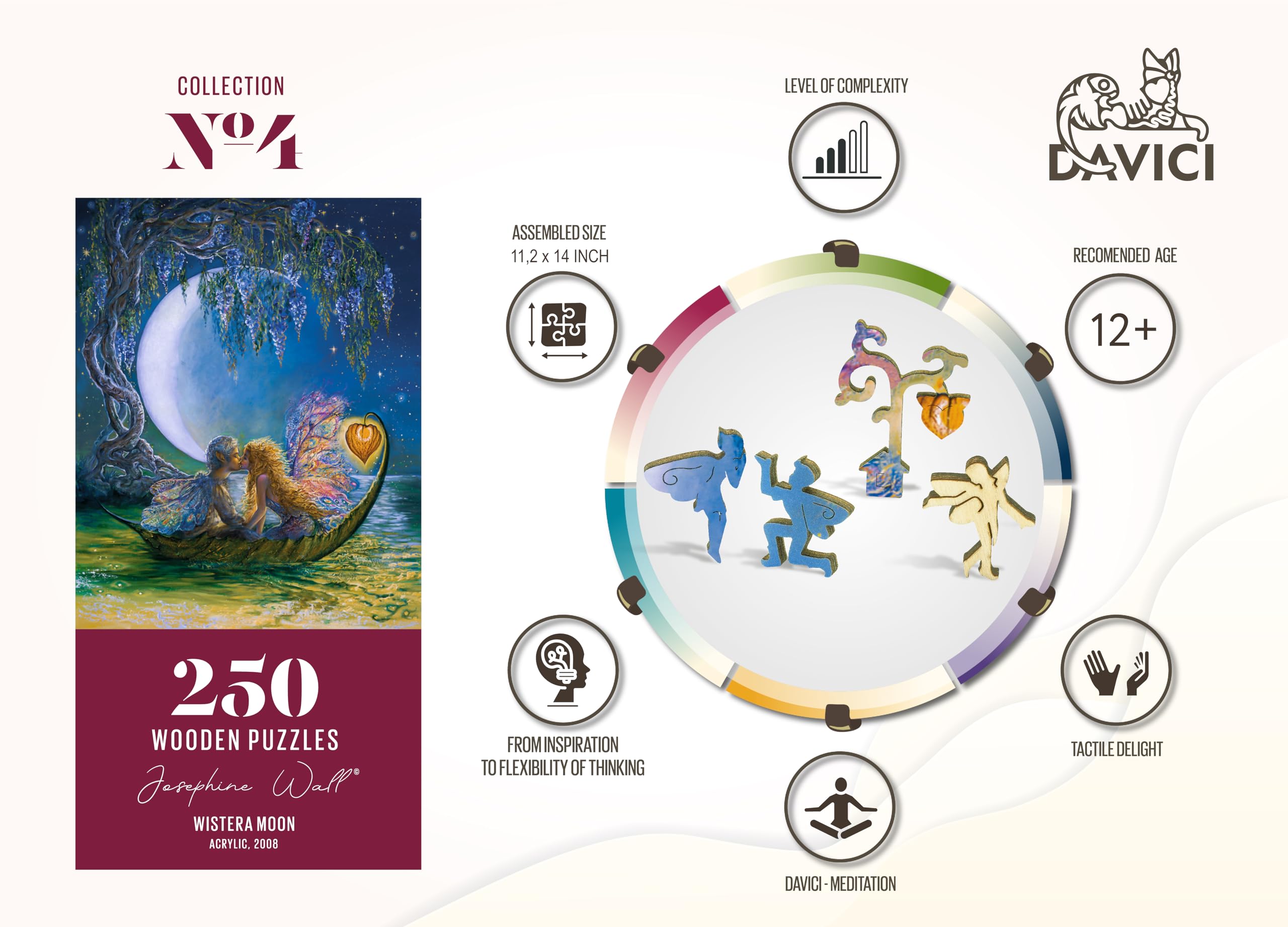 DAVICI Holzpuzzle | D8 - Wistera Moon | 250 Teile | Unterhaltung für Erwachsene und Kinder | Psychische Herausforderung | einzigartige Formen | unglaubliche Designs | Spitzendekoration | Geschenk |
