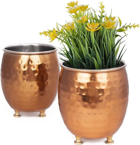 GoCraft Set of 2 Succulent Planter Pots – Small Hammered Copper Mule Mug Style Pots for Cactus, Herbs, Indoor Plants – Decorative Window Box