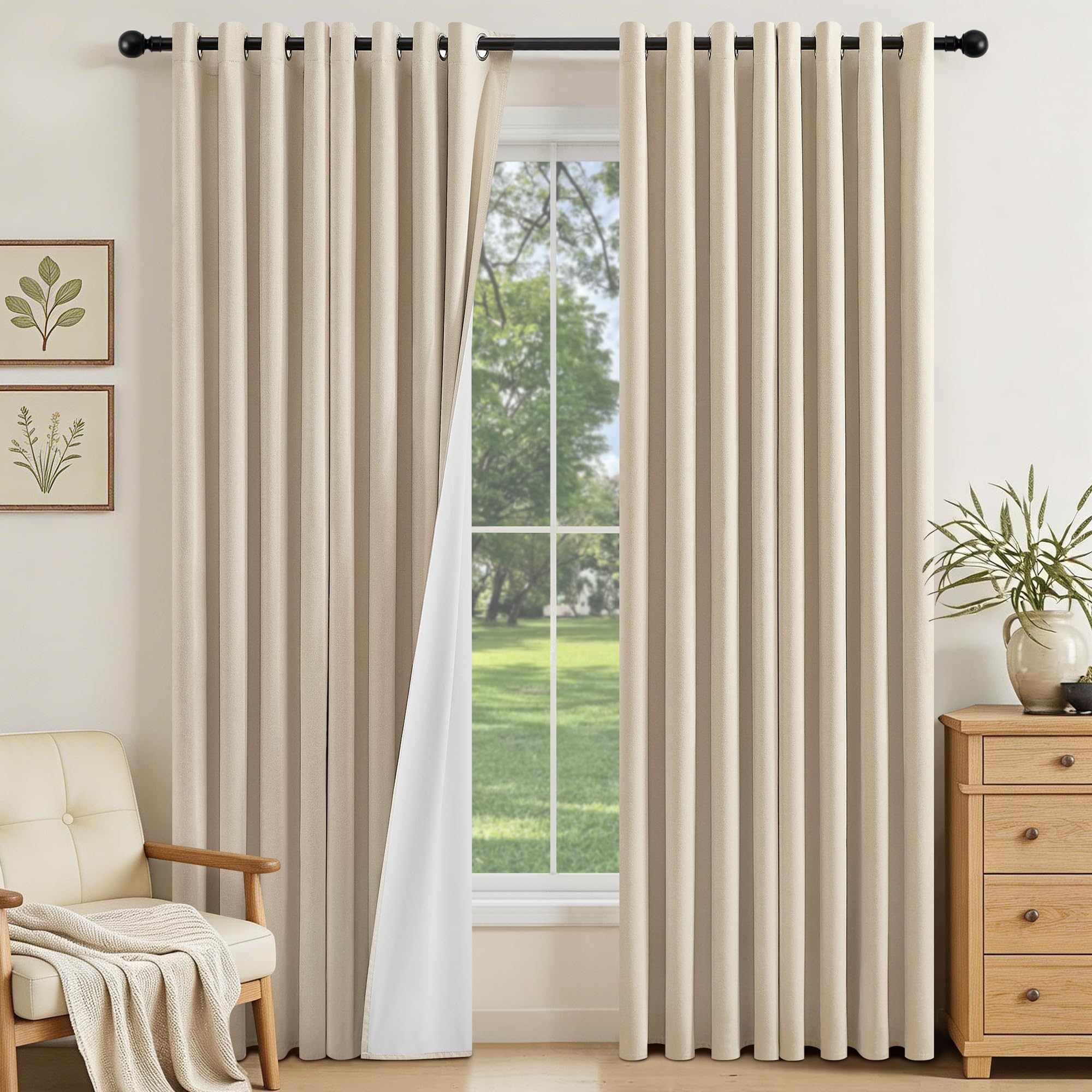 Best Baisite Cream Blackout Curtains for Bedroom Living Room 84 Inch Drop Eyelet Sun Blocking Soundproof Light Weight Linen Curtains with Coating Back Layer Window Treatments 2 Panels 46" W x 84" L