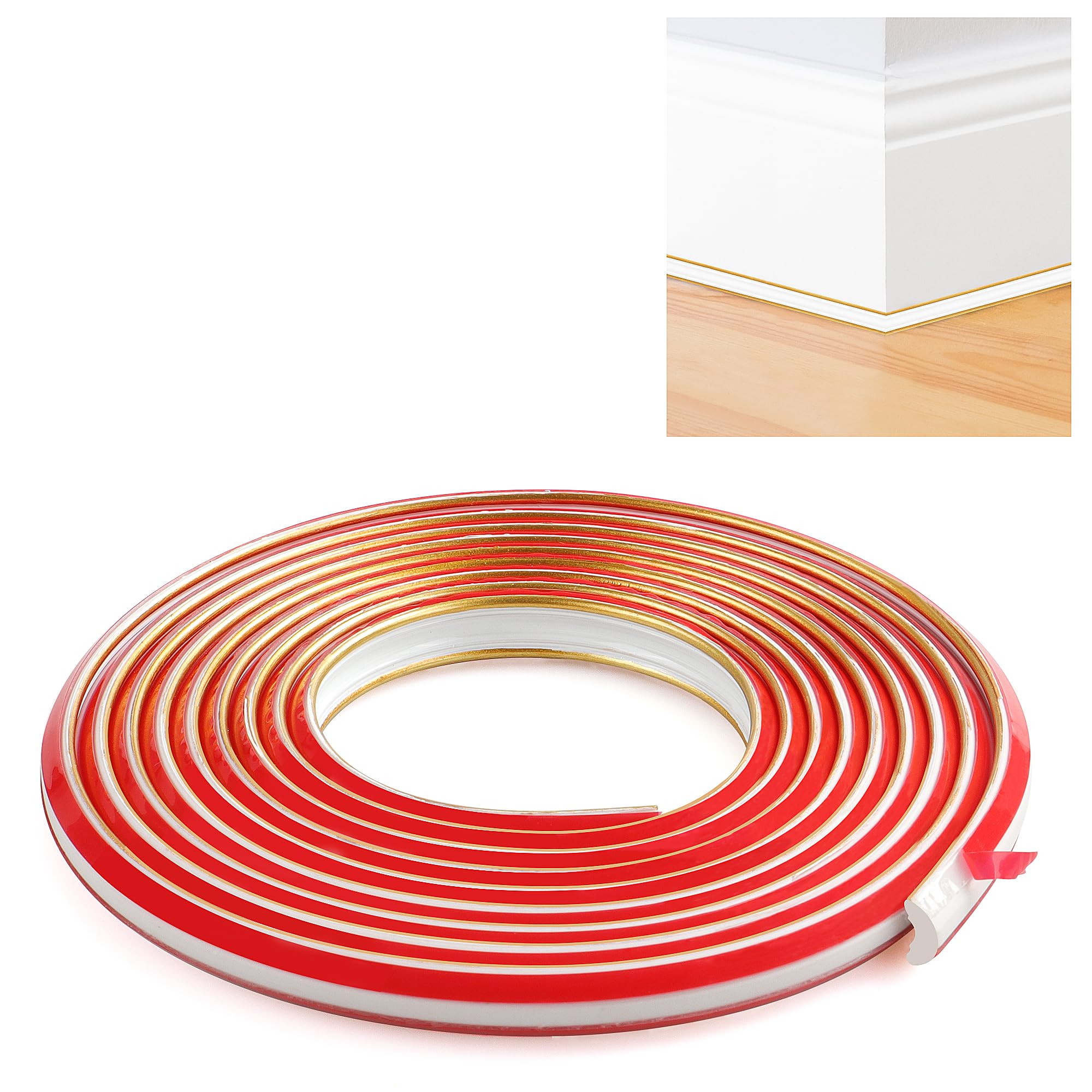 JUNART TPE Skirting Board Trim, Flexible Caulk Strip Moulding Trim, Self-Adhesive Edging Strip Coving for Wall, Ceiling, Corner Decoration, Worktops, Floor(12×9mm,500cm,White Gold)