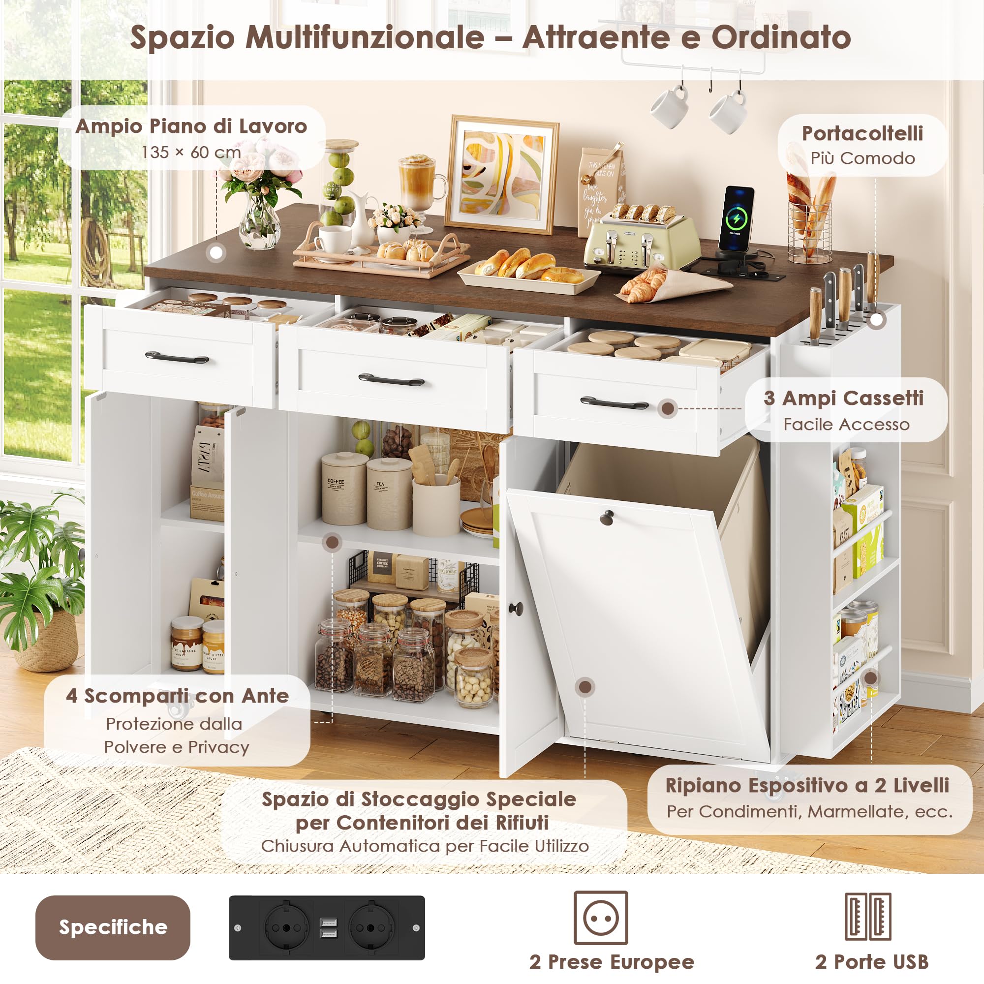 FirFurd Isola Cucina con Presa Integrata e Ruote, Carrello Cucina con Piano di Lavoro Pieghevole e Portacoltelli, Penisola Cucina con Spazio per Bidone, 135x60x88cm, Senza Bidone, Bianco