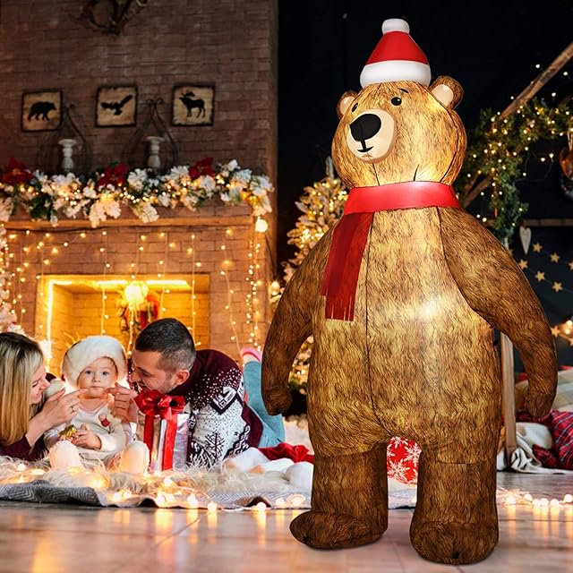 GYMAX 2.2M/7FT Christmas Inflatable Bear, Xmas Decoration with LED Lights, Indoor and Outdoor Waterproof Holiday Model