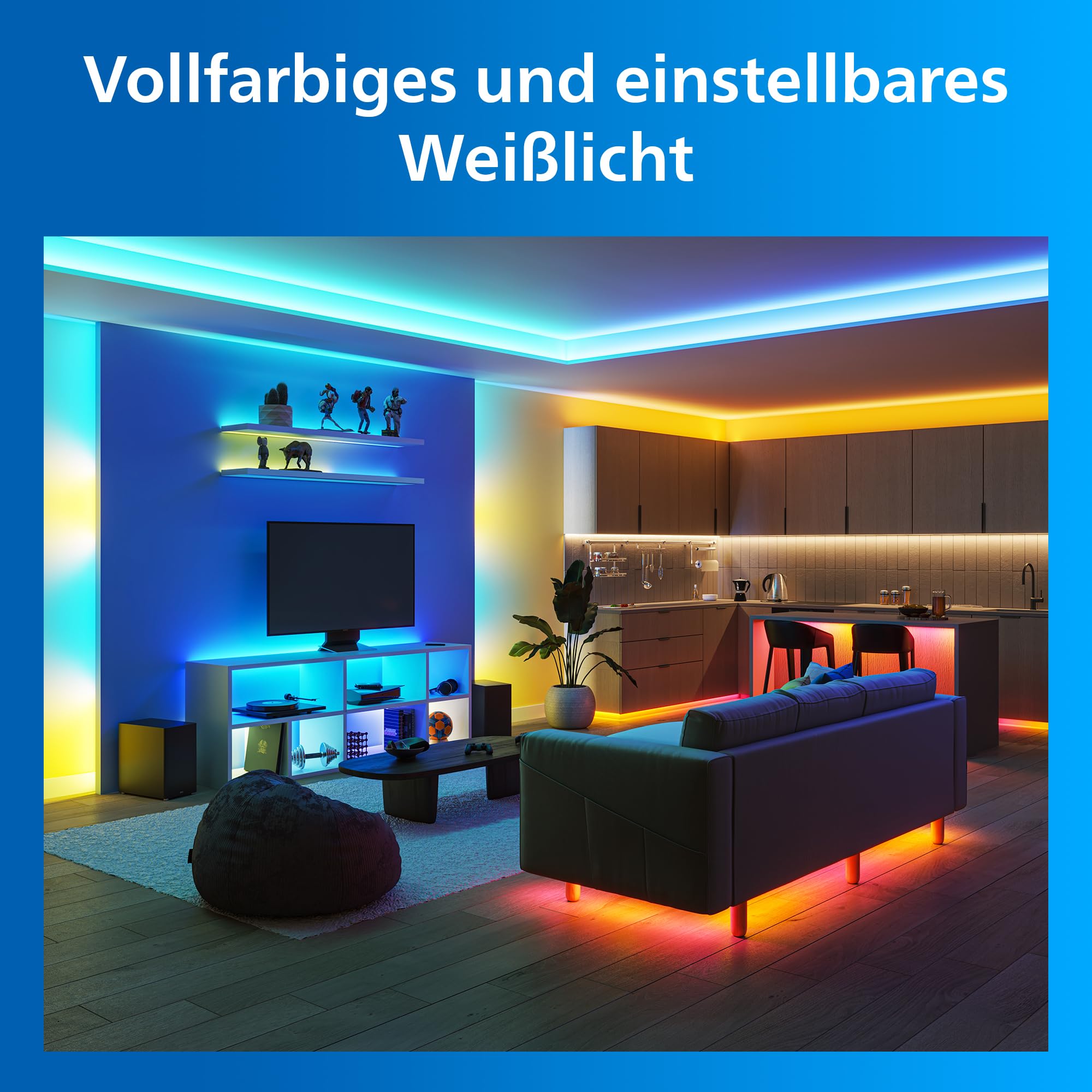 Philips Smart Lighting RGBICWW LED-Streifen, 10 m, Typ C, Mehrfarbige Farbverläufe, Einstellbares Weißlicht, Ambientes Licht, Verbunden Durch WiZ, Alexa, Google Home, Apple Home, 1er- Pack