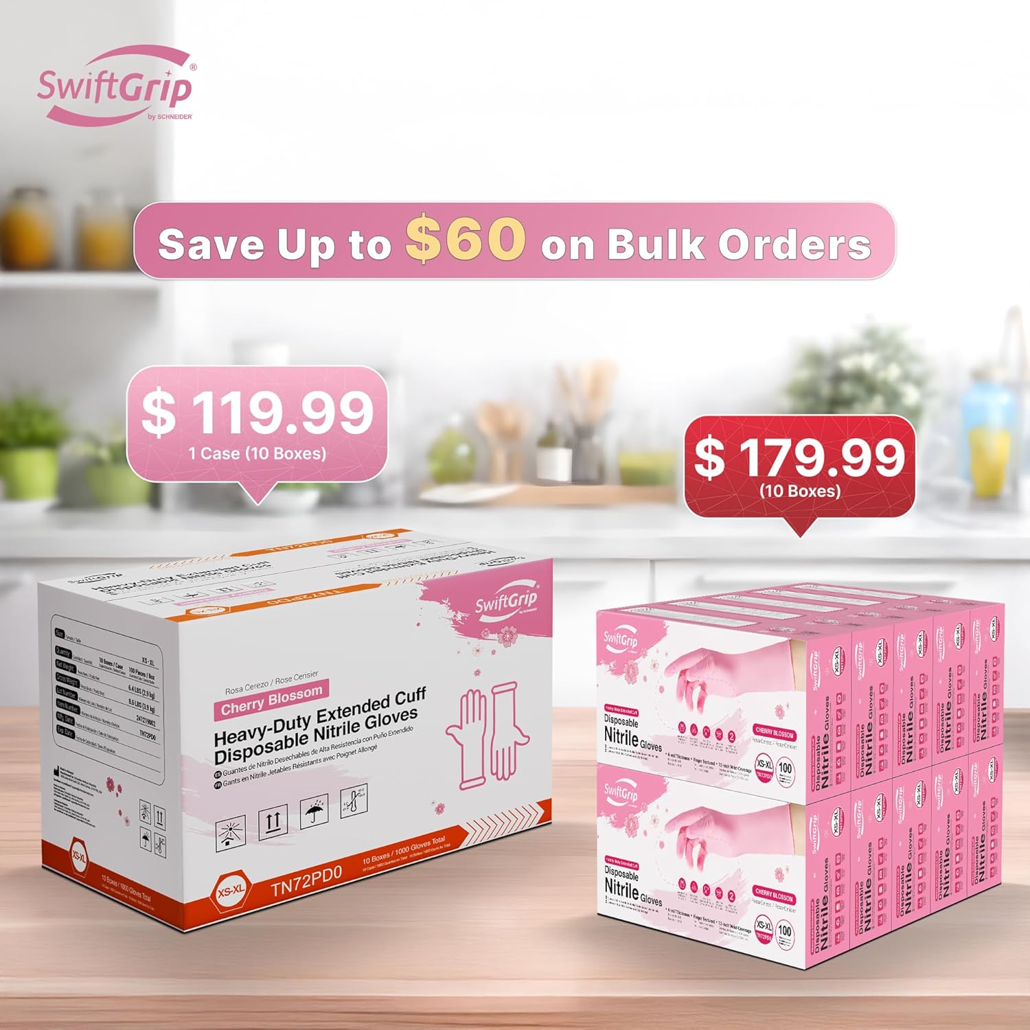 SwiftGrip Disposable Nitrile Dishwashing Gloves, Extended 12 Inches Cuff, 6-mil, Cherry Blossom Cleaning Gloves, Latex-Free