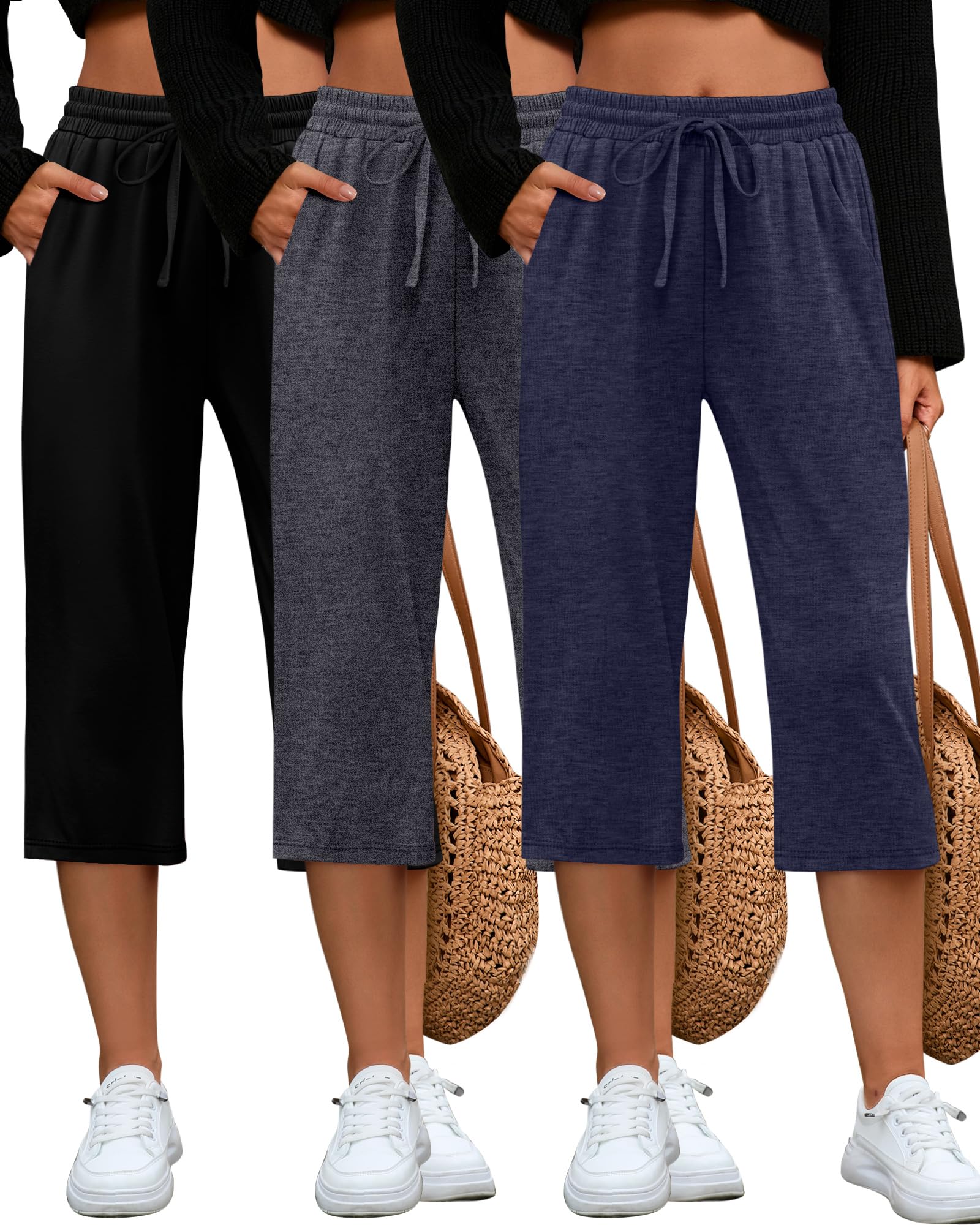 Huukeay 3 Pack Women's Capri Sweatpants, Cozy Lounge Drawstring Capris with Pockets Wide Legs Jogger Workout Yoga Pants