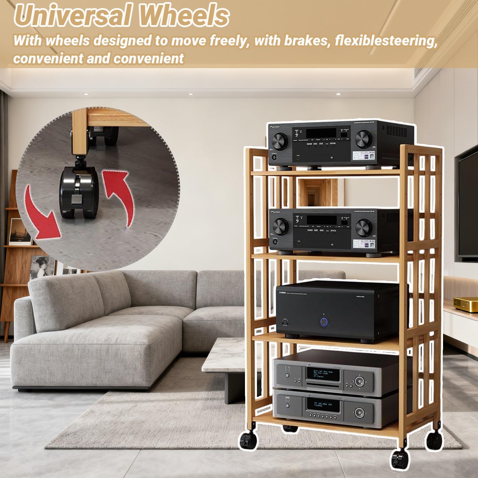 Scaffale multimediale AV a 2/3/4/5 livelli, rack audio, supporto per lettore CD, scaffale stereo domestico con ripiano regolabile in altezza e ruote per home office e home cinema (marrone, 50 x 53 cm)