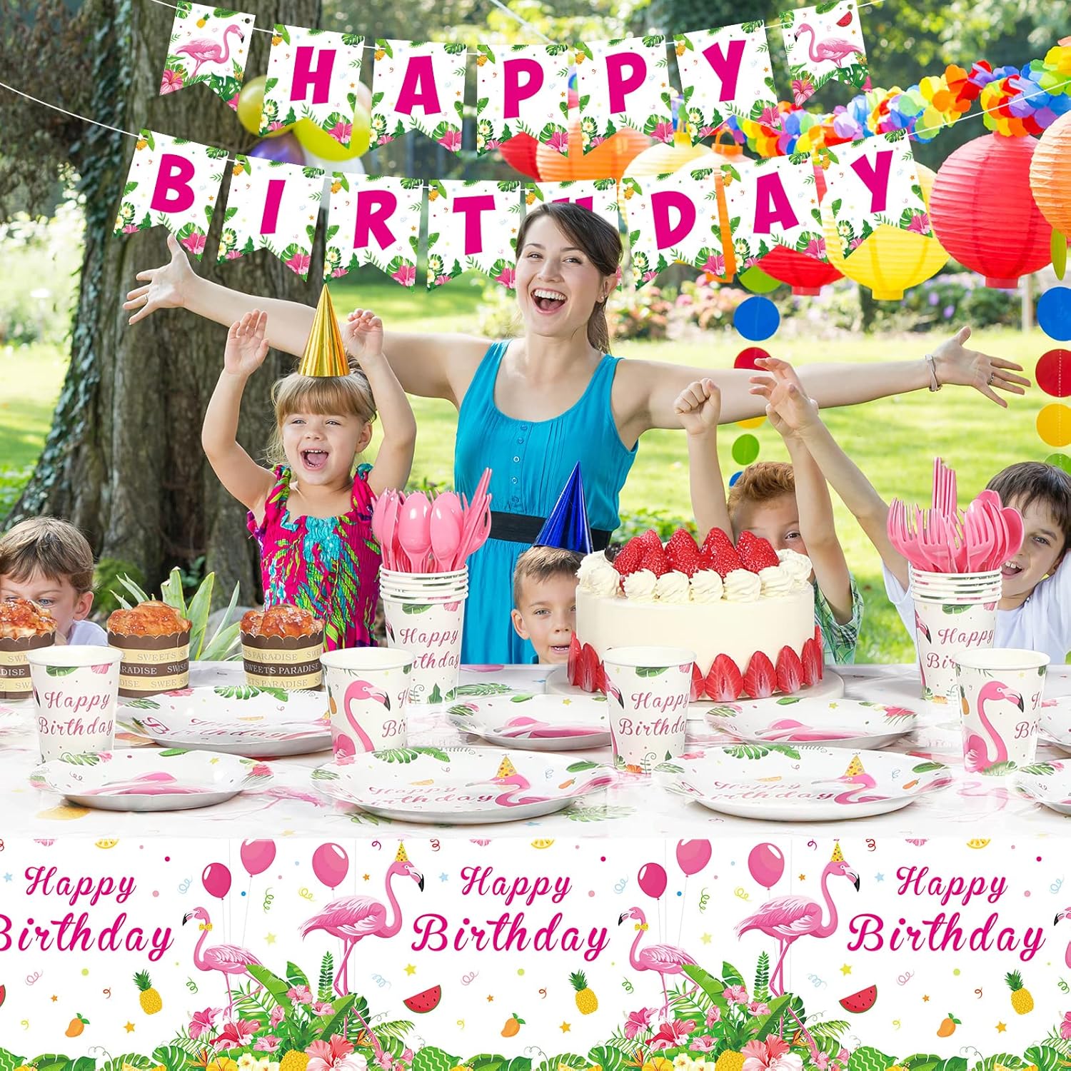 Tudomro 172 Pcs Flamingo Birthday Party Supplies Flamingo Party Decorations Include Hawaiian Tablecloths Birthday Banner Napkins Tableware Set for Summer, Serves 24
