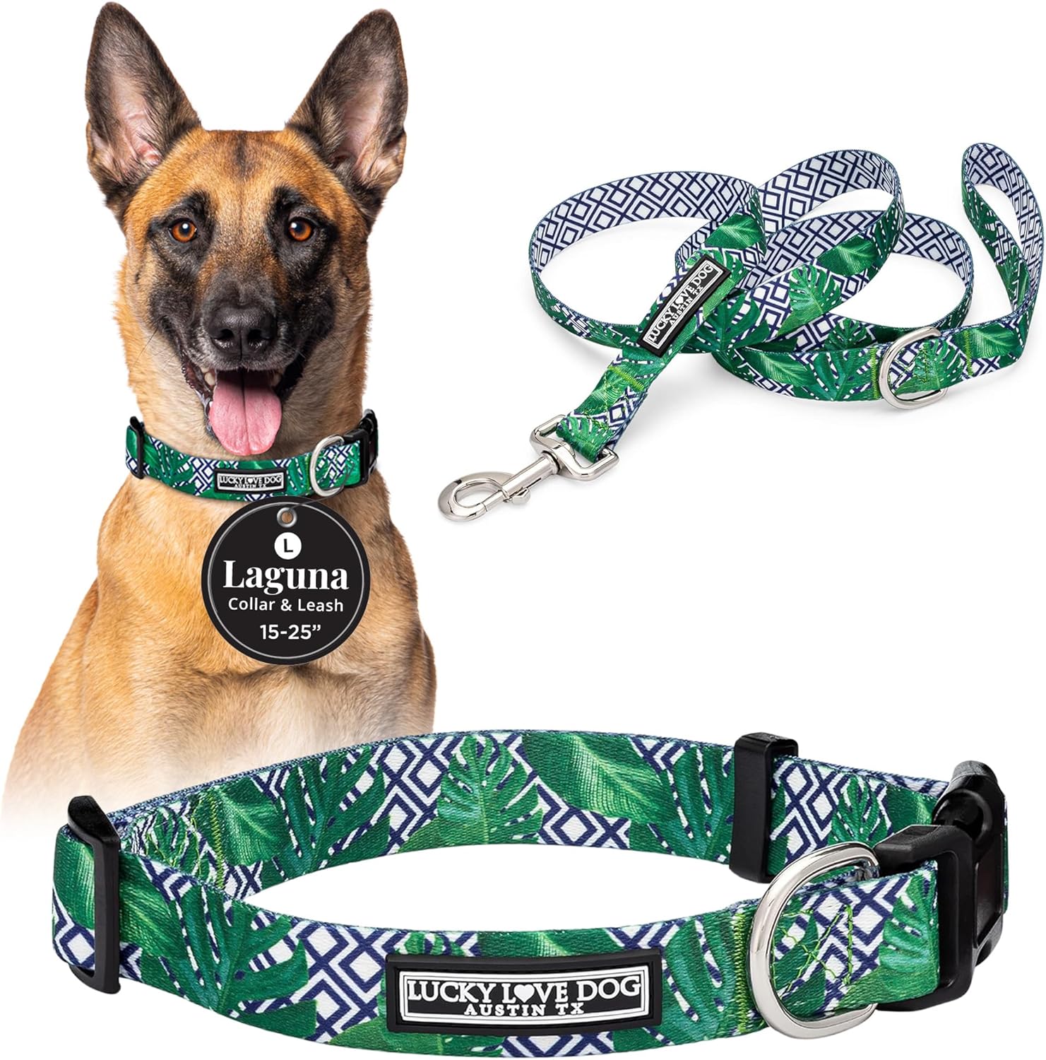 Lucky Love Dog Collar and Leash Set, Beautiful & Vivid Patterns, Easy On & Off Clasp Accessory (Blue Laguna, L Combo)