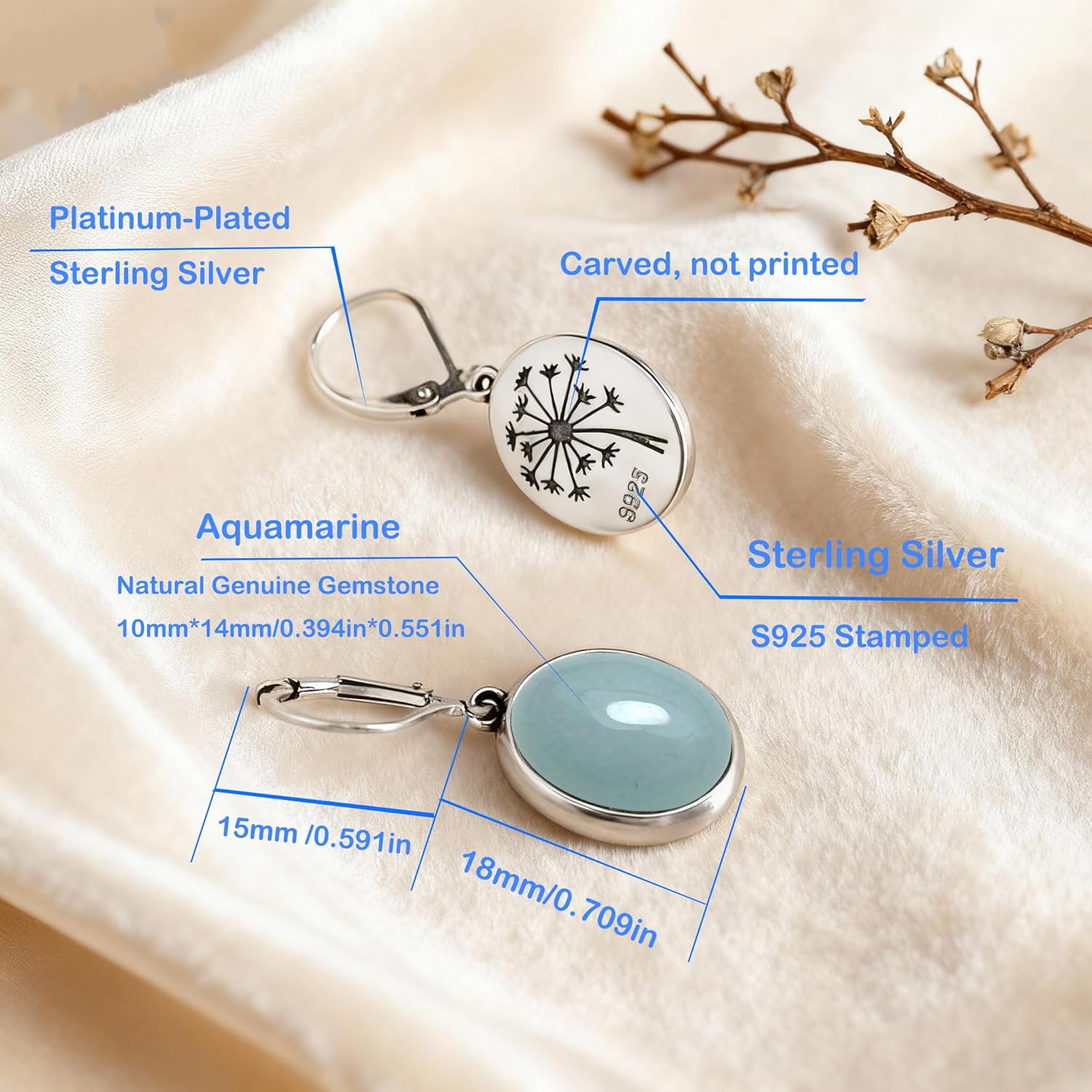 Natural Simple Oval Waterdrop Stone Drop Earrings,925 Sterling Silver Real Genuine Crystal Quartz Gemstone Dandelion Flower Statement Dangle Earrings for Women Her - Image 6