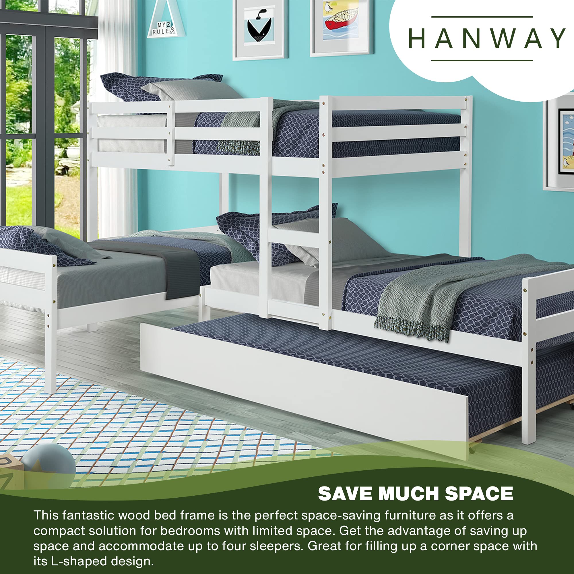 Buy Hanway LShaped Bunk Bed with Trundle Solid Pine Wood Material
