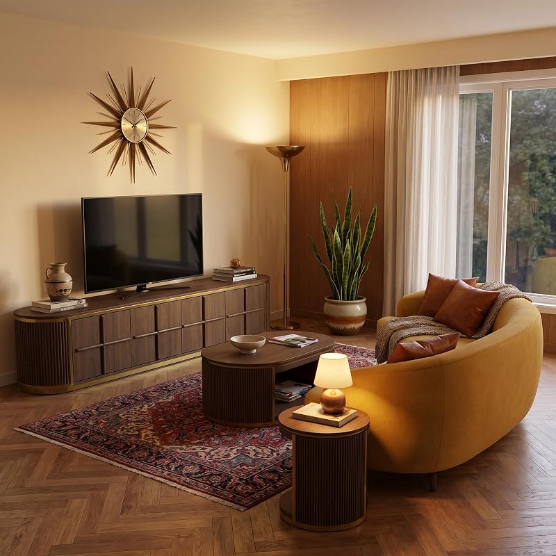 AUZ 78” Fully Assembled Walnut TV Stand with Storage and Gold Fluted Base image 7