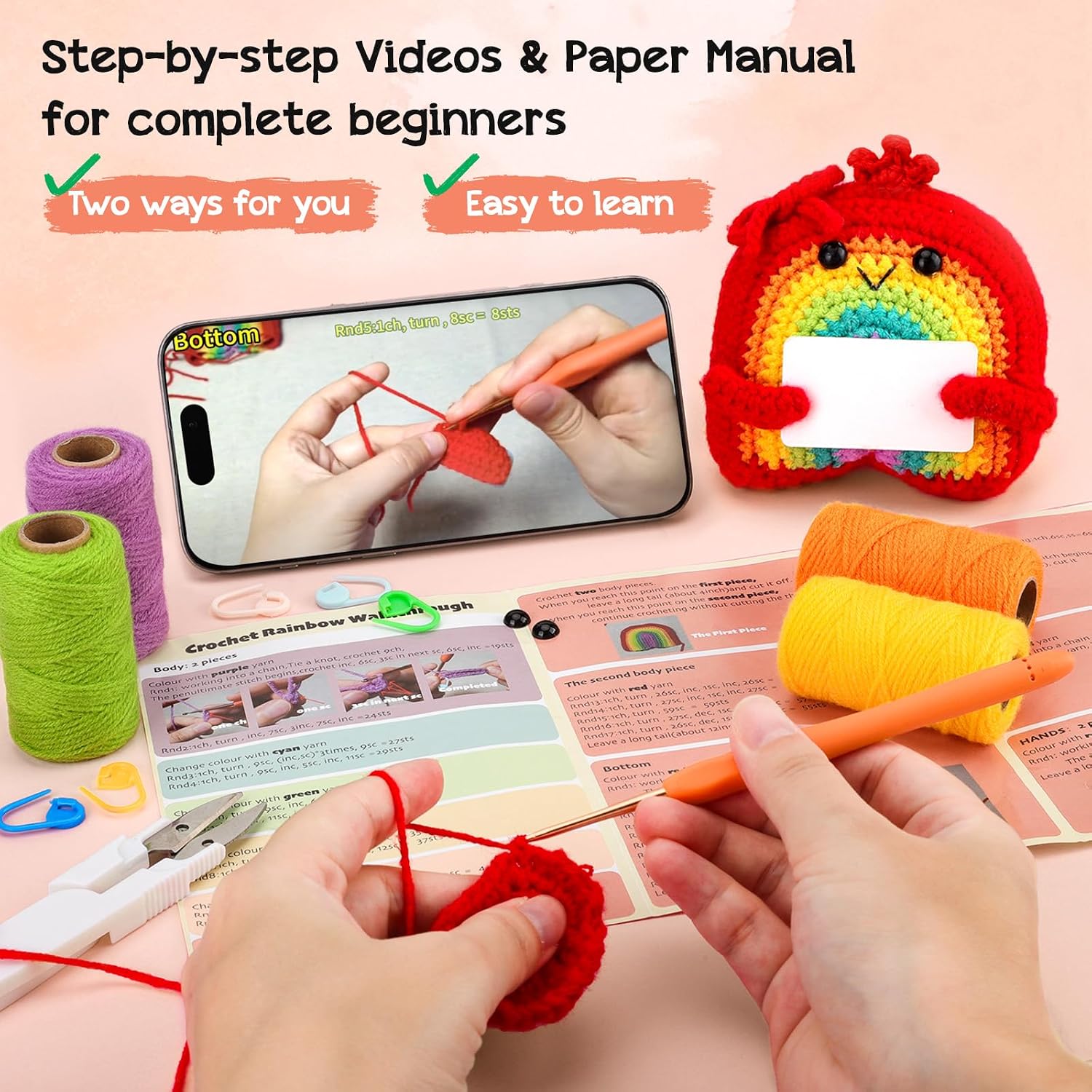 Agantree art Crochet Kit for Beginners Kids Teens Adults Rainbow Crochet Kits with Step-by-Step Video Tutorials, DIY Custom Gifts Birthday Christmas for Girls Friends Women (40%+ Yarn)